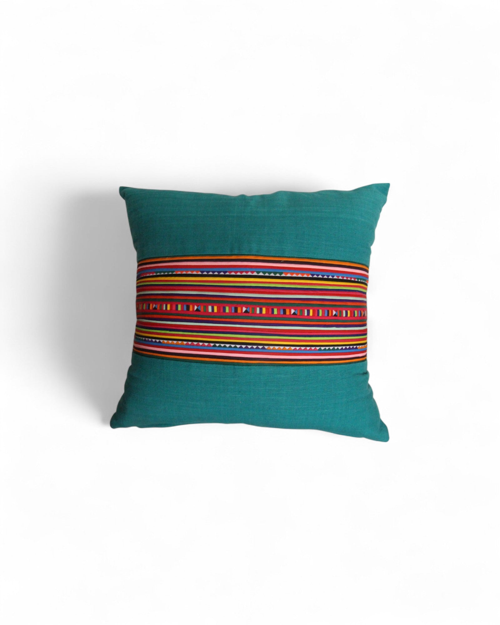 Square cushion with handwoven cotton and lisu embroidery center