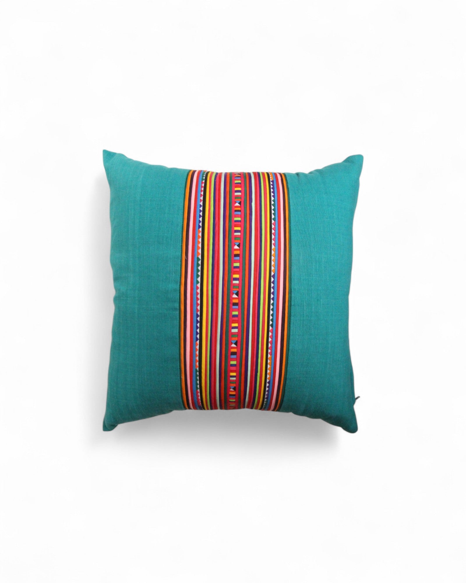 Square cushion with handwoven cotton and lisu embroidery center