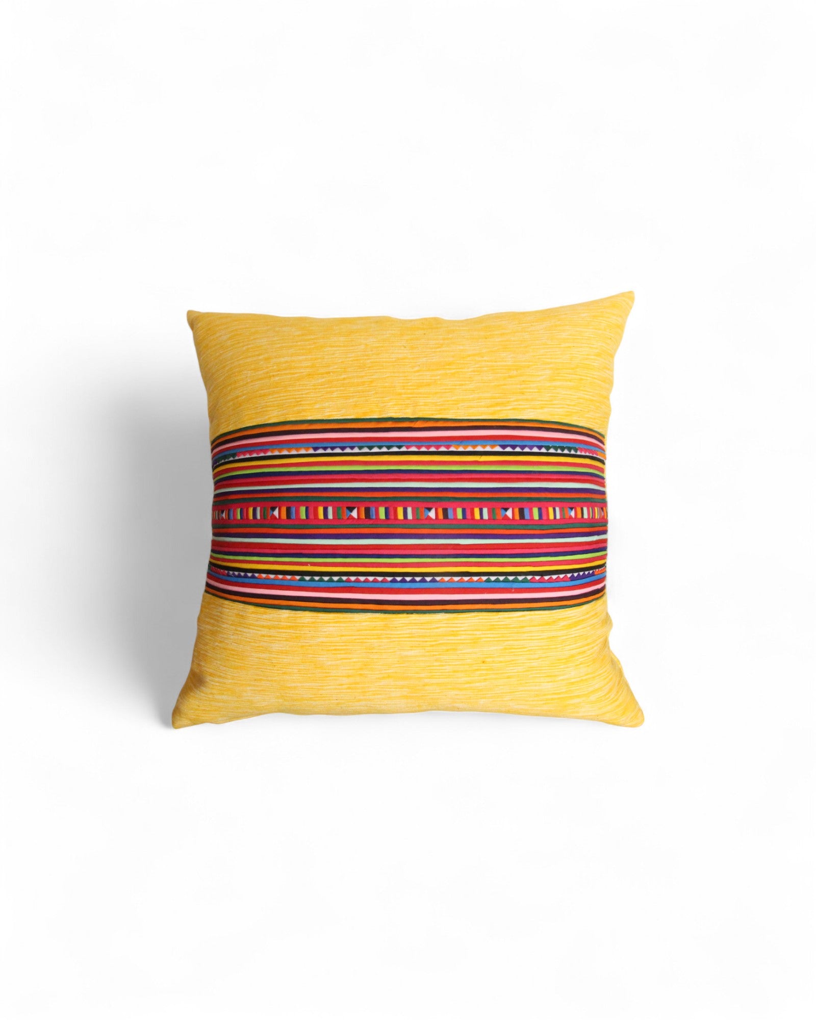 Square Cushion with Handwoven cotton & Lisu Embroidery - Yellow