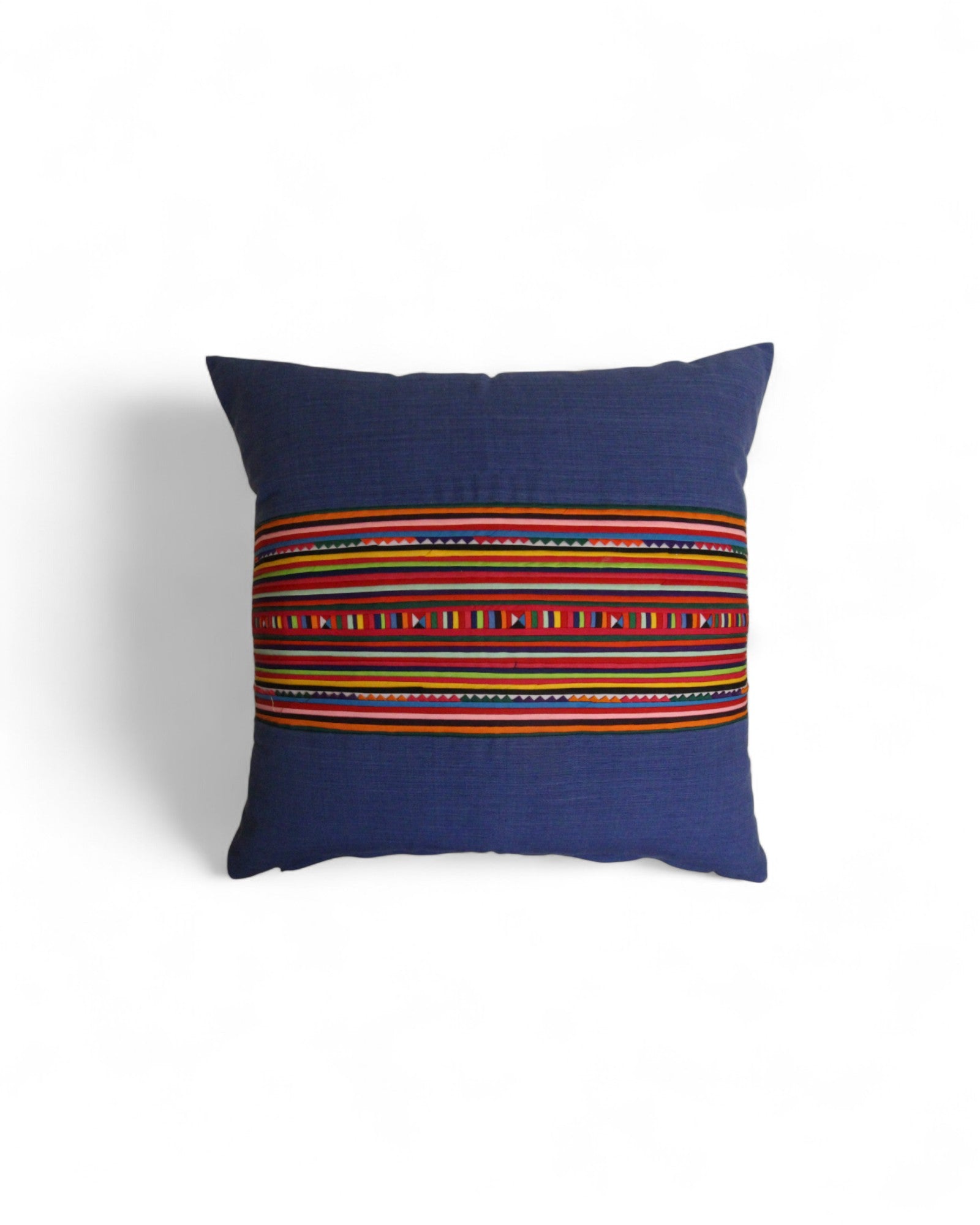 Square Cushion with Handwoven Cotton & Lisu Embroidery - Deep Navy