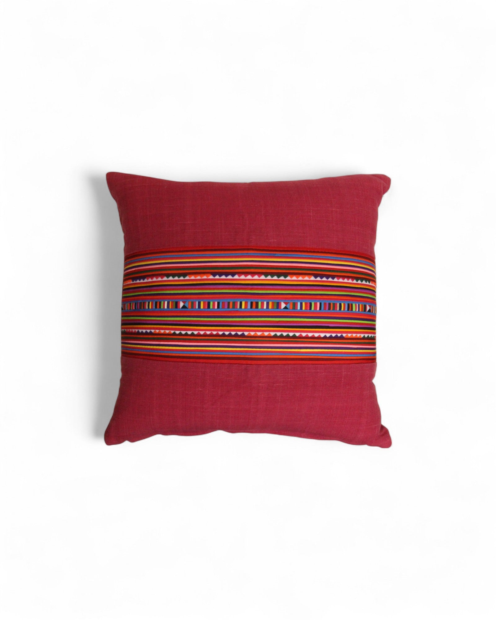 Square Cushion with Handwoven Cotton & Lisu Embroidery - Deep Pink