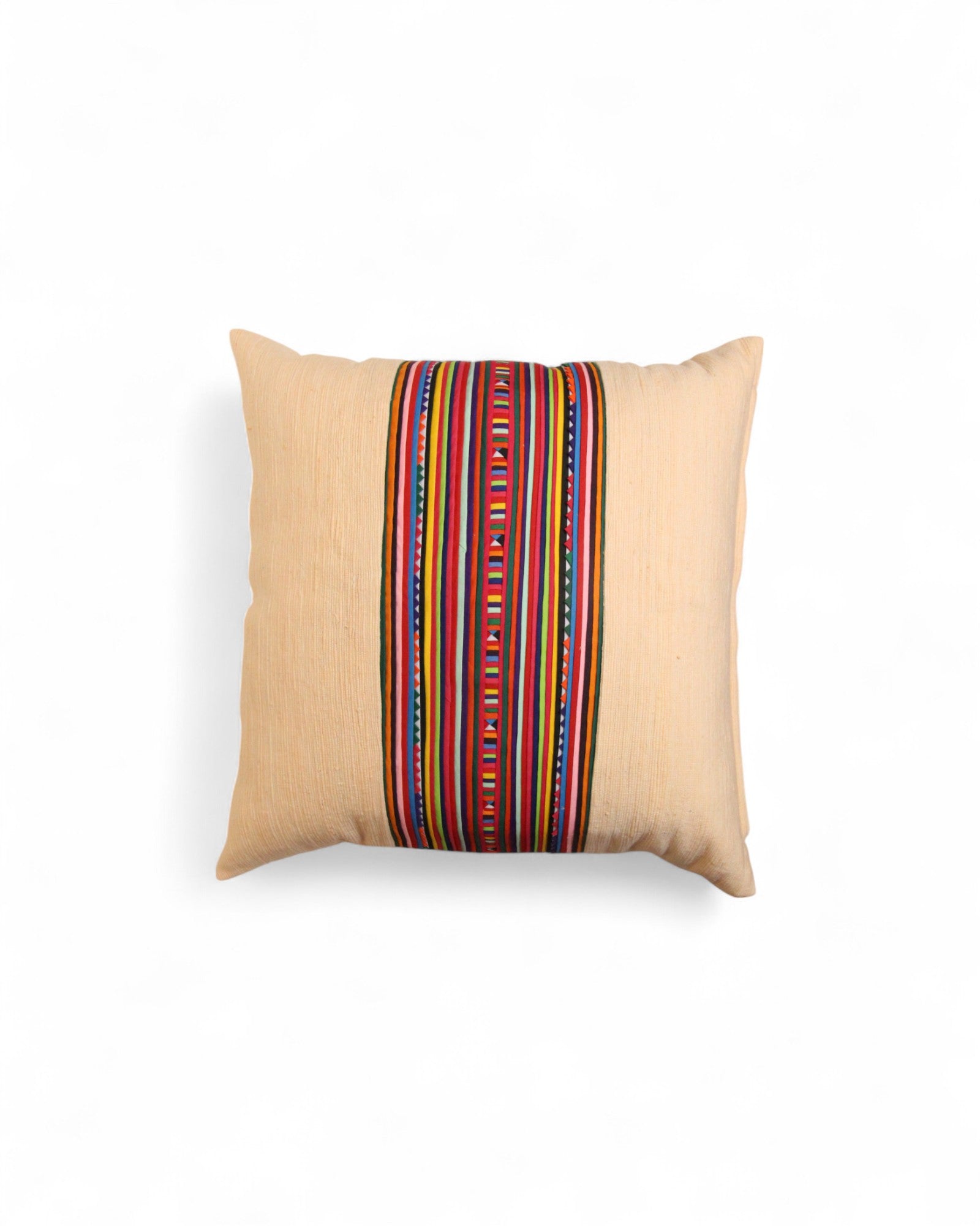 Square Cushion with Handwoven Cotton and Lisu Embroidery - Apricot