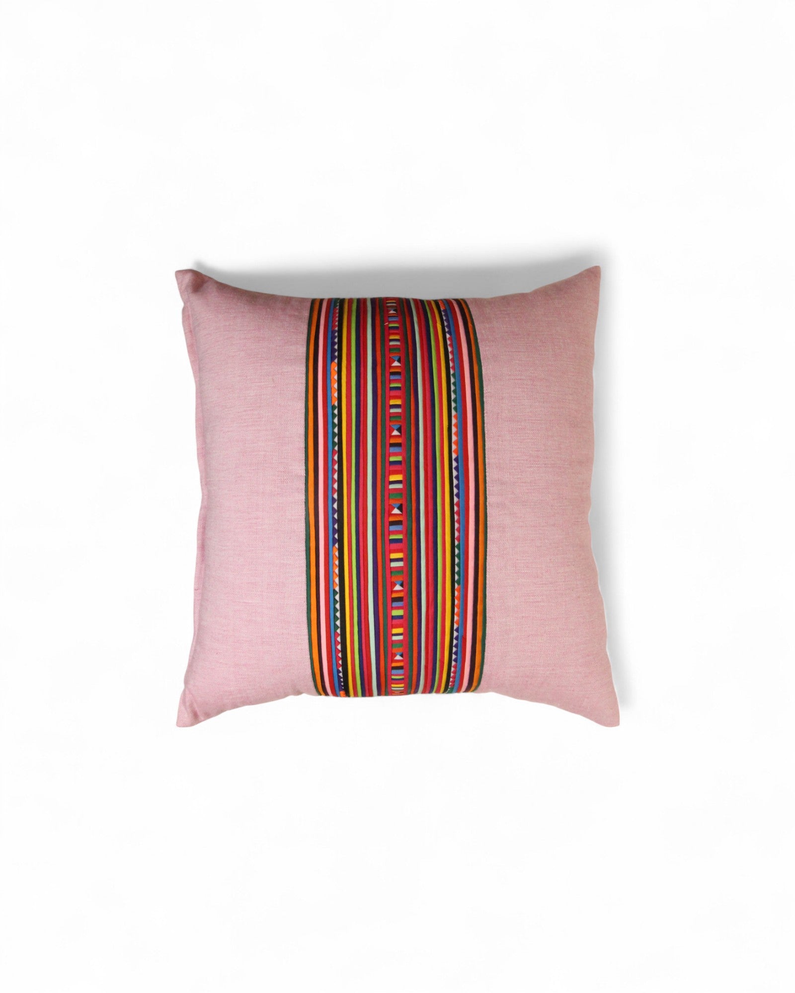 Square Cushion with Handwoven Cotton and Lisu Embroidery - Light Pink