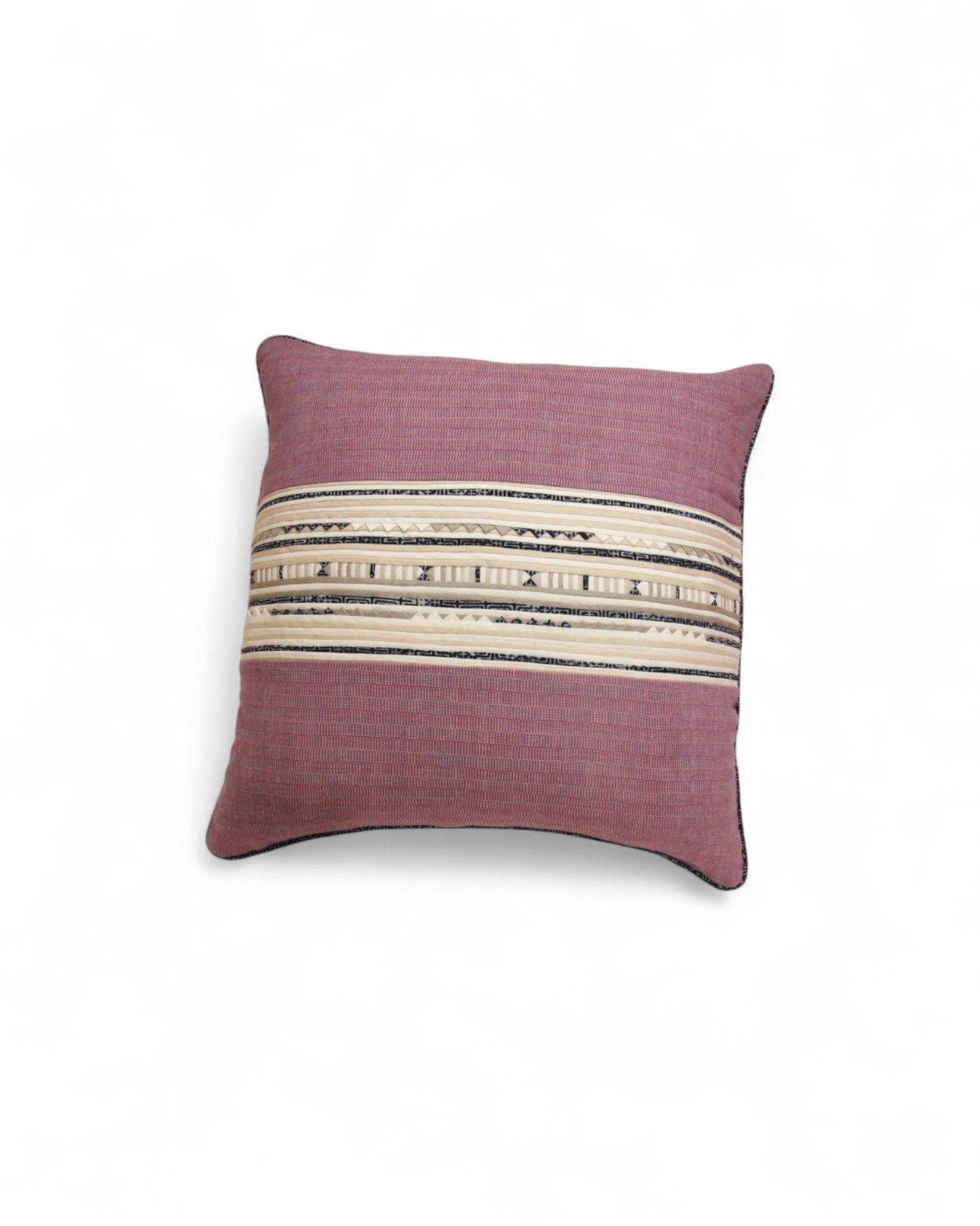 Square Cushion with Handwoven Cotton and Lisu Embroidery - Indigo & Ivory