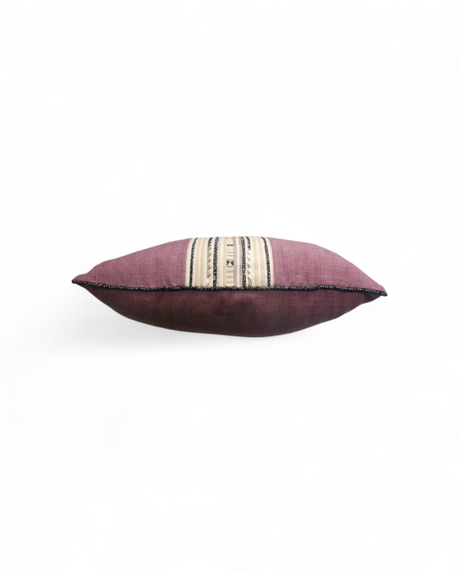 Large Square cushion with handwoven cotton and lisu embroidery center, round piping around