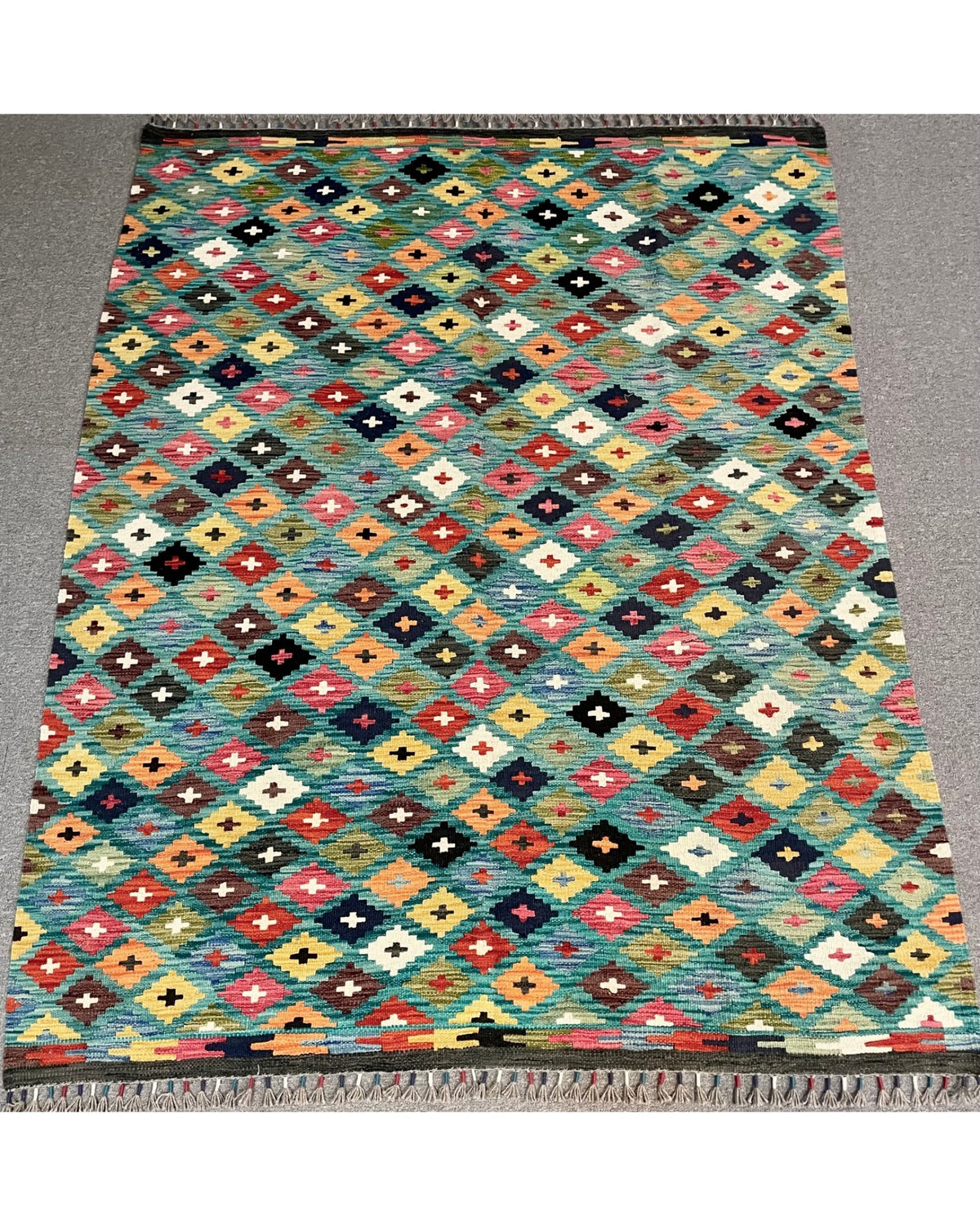 Handwoven Kilim – Multicolour Diamonds on Teal | 215 x 155cm