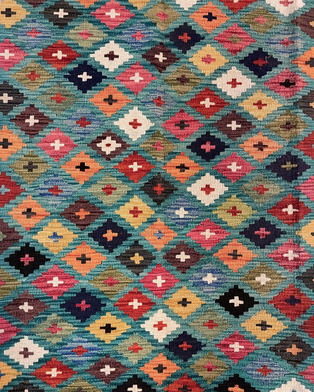 Handwoven Kilim – Multicolour Diamonds on Teal | 215 x 155cm