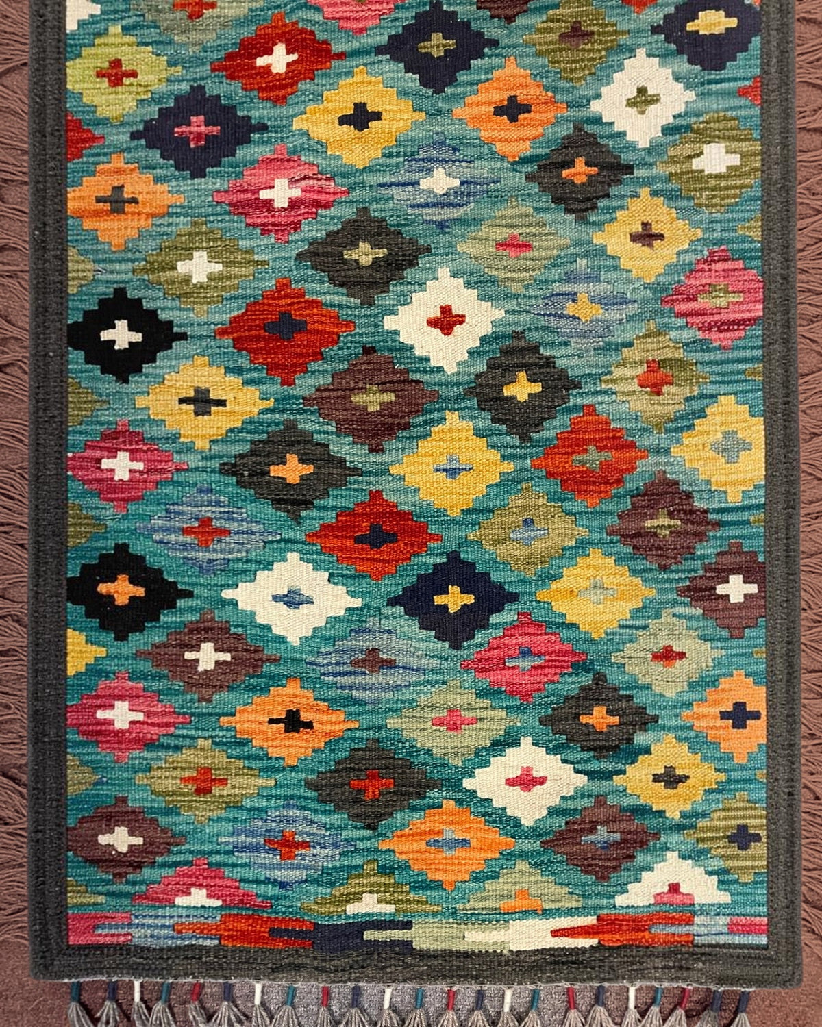 Handwoven Kilim – Multicolour Diamonds on Teal | 215 x 155cm