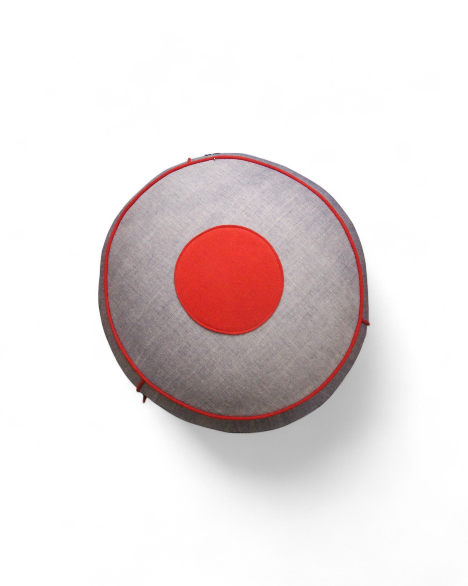 Pouf with Indigo Wax Print, Handwoven Grey Cotton Feat. Red Piping & Flowers