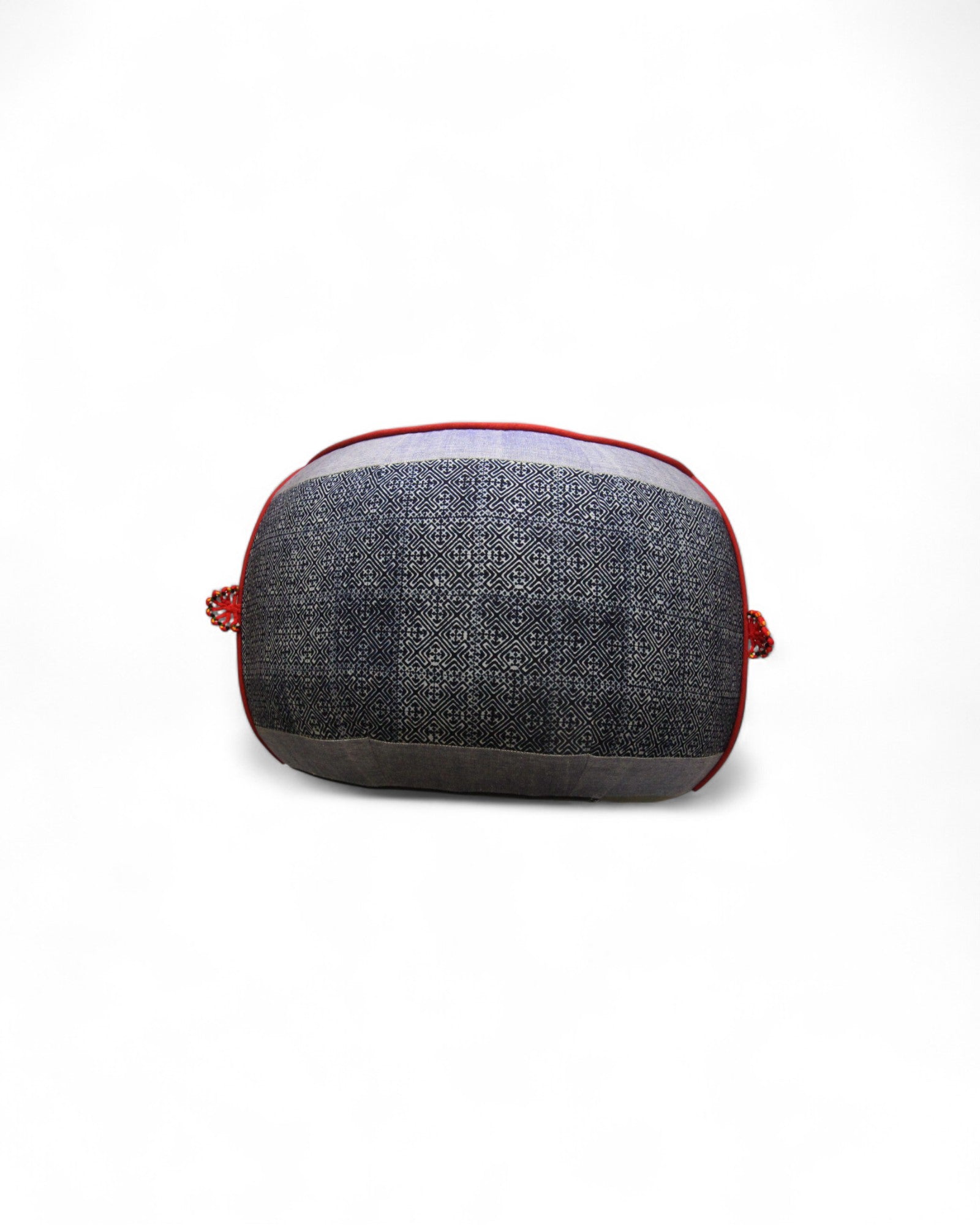 Pouf with Indigo Wax Print, Handwoven Grey Cotton Feat. Red Piping & Flowers