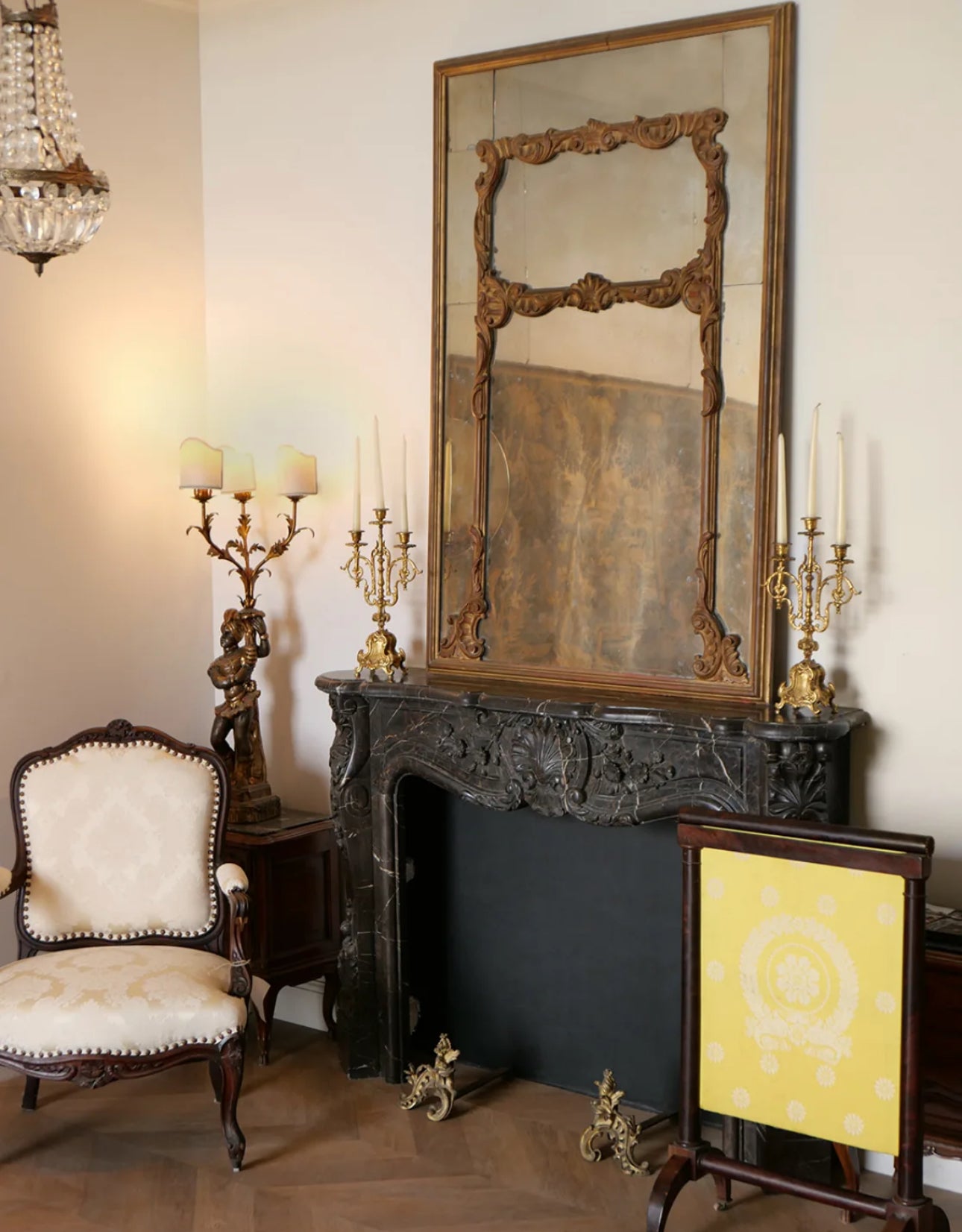 Cream Damask Upholstered Walnut French Louis XV Armchairs