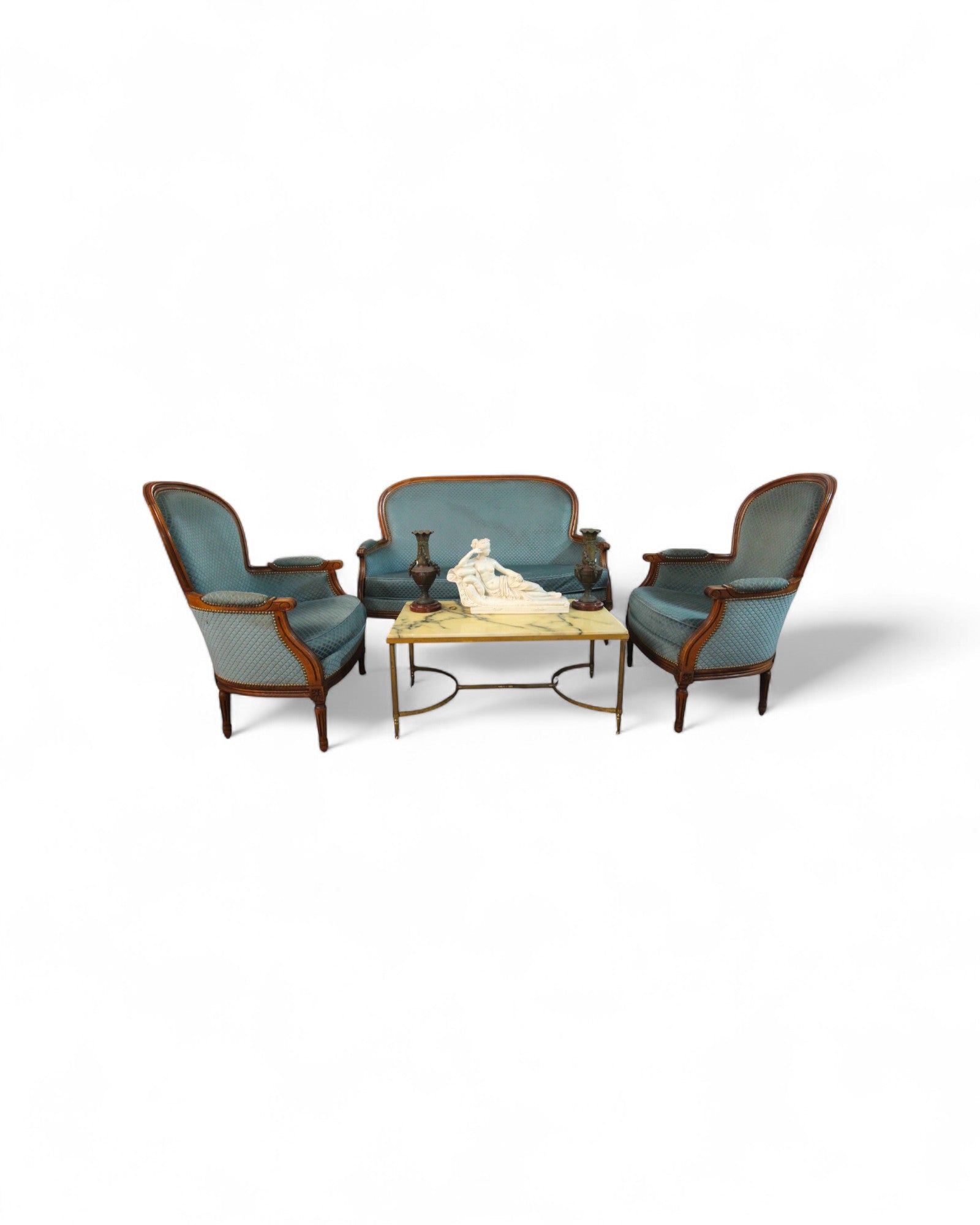 Louis XVI Revival Carved Wood Salon Suite – 3-Piece Set with Settee and Armchairs