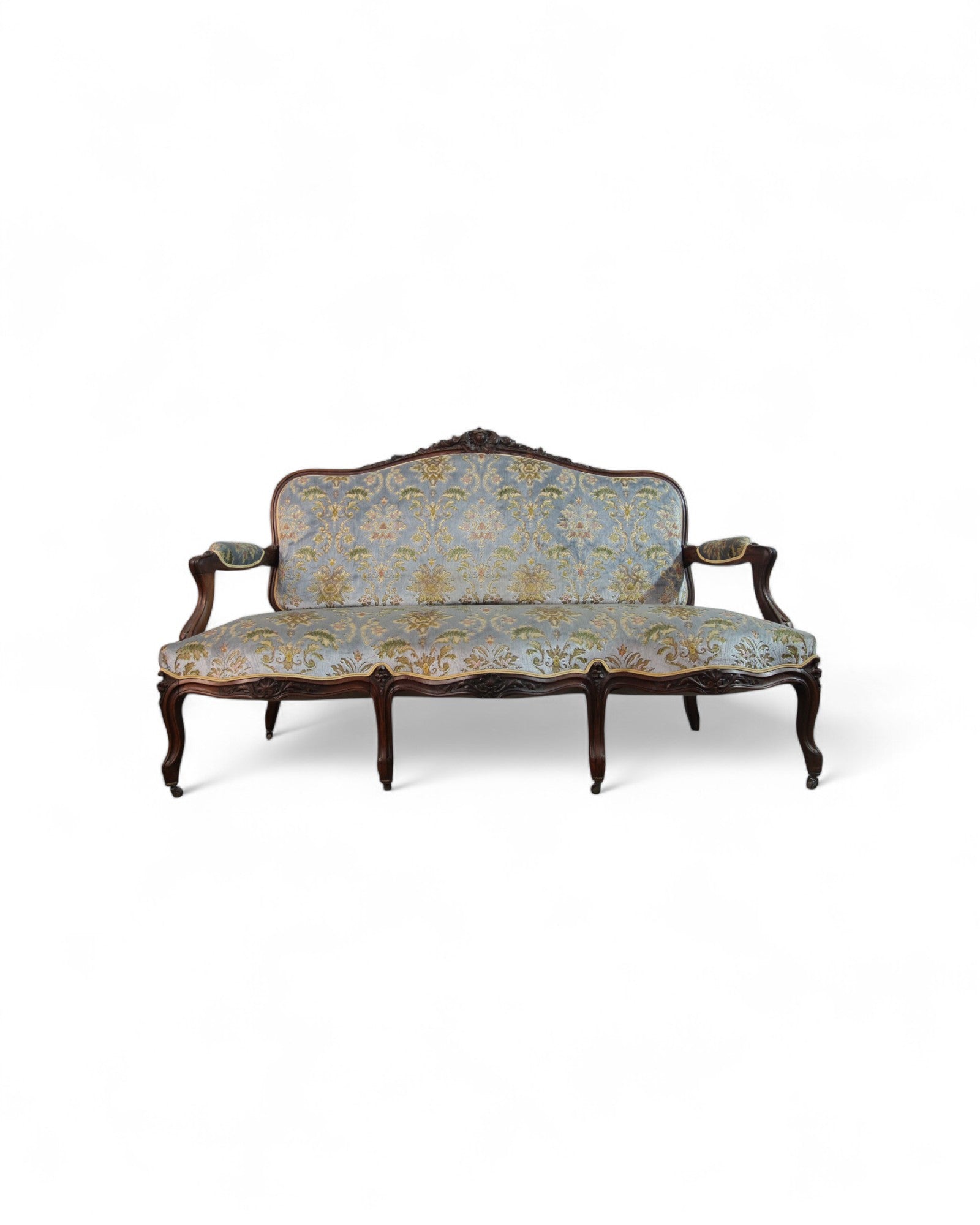French Louis XV Style Settee with Carved Walnut Frame