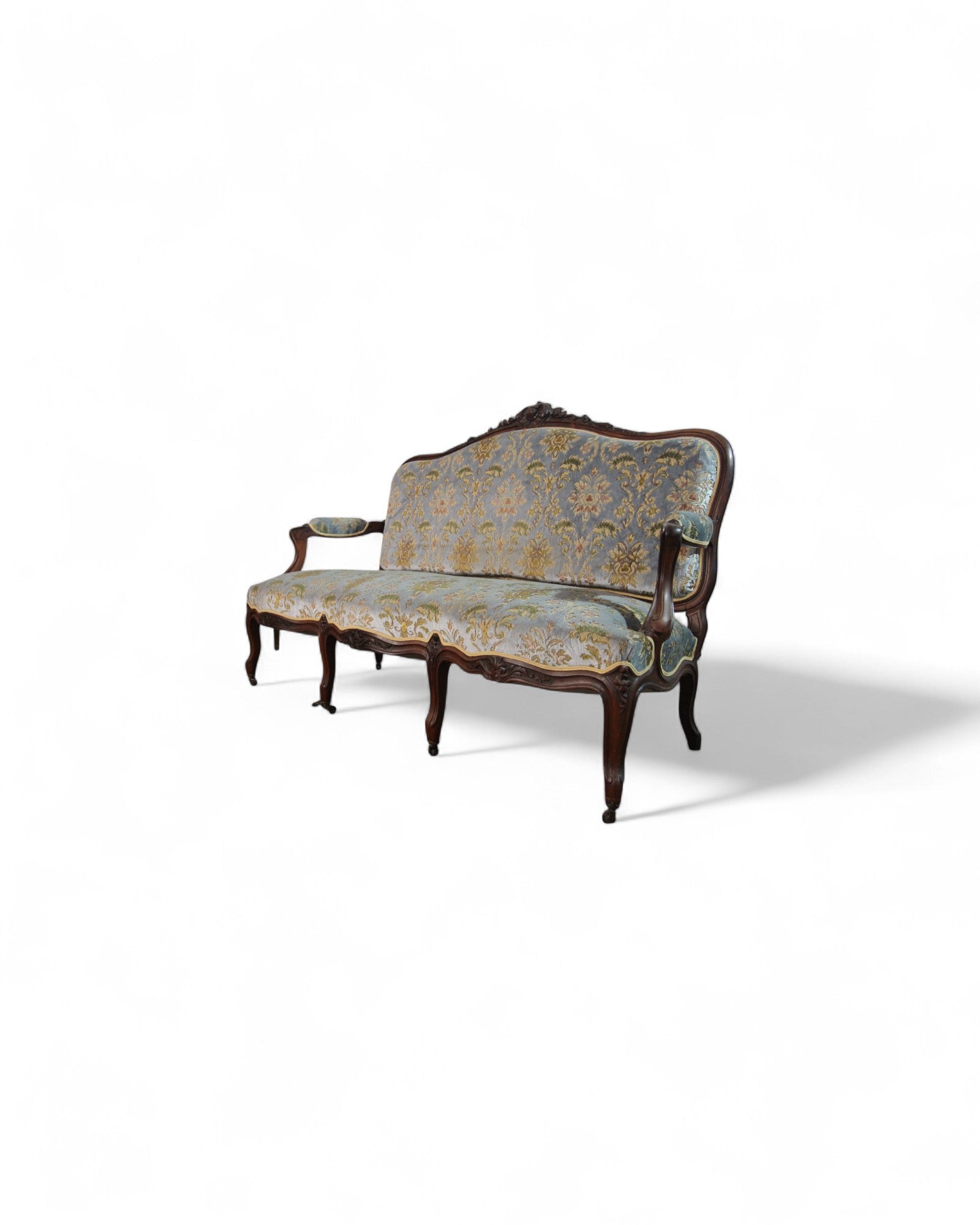 French Louis XV Style Settee with Carved Walnut Frame