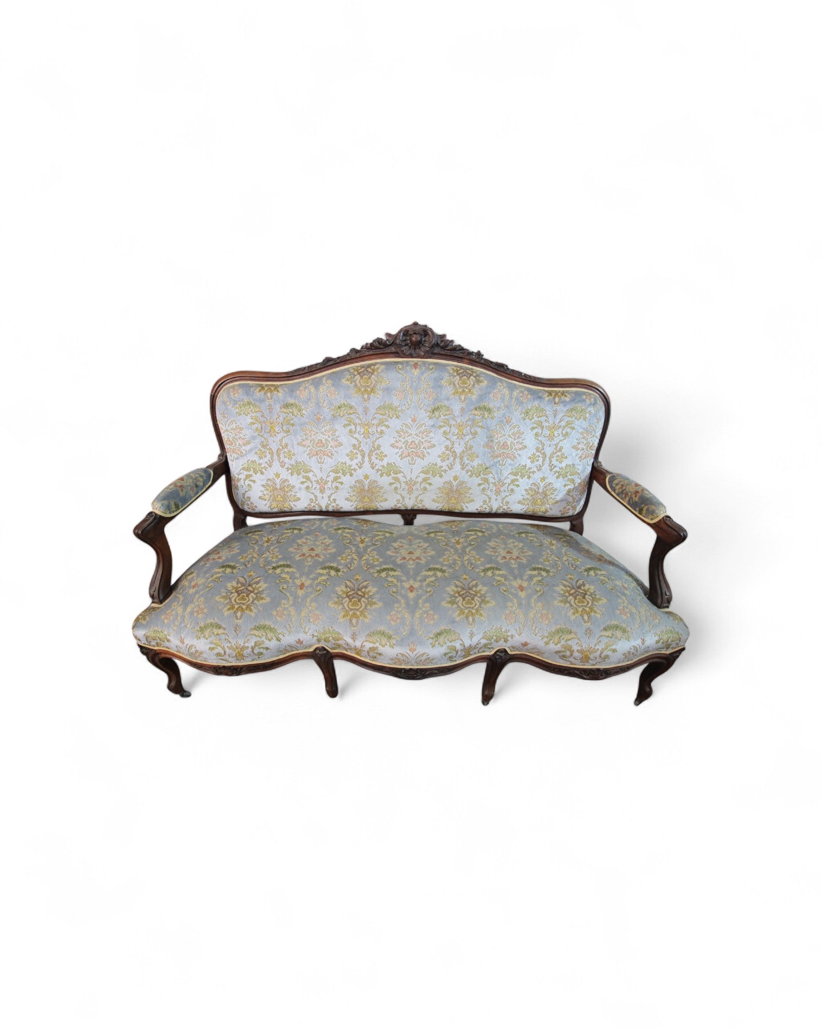 French Louis XV Style Settee with Carved Walnut Frame