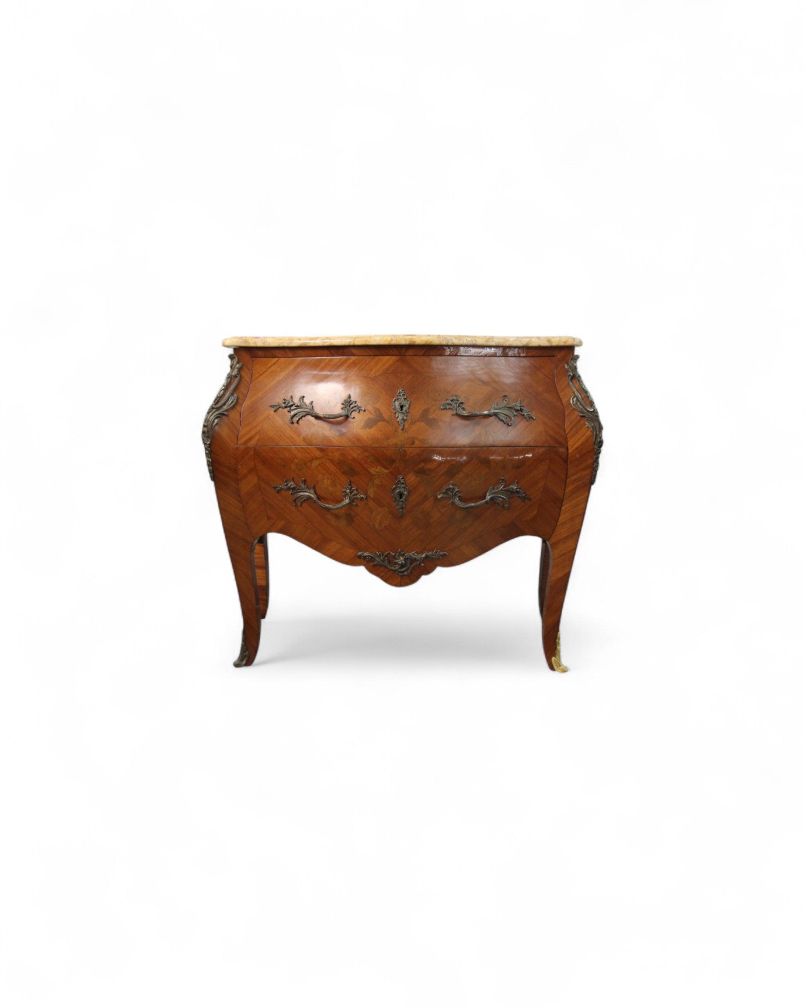 French Louis XV Style Marble-Top Bombe Commode with Ormolu Mounts (c. 1900)