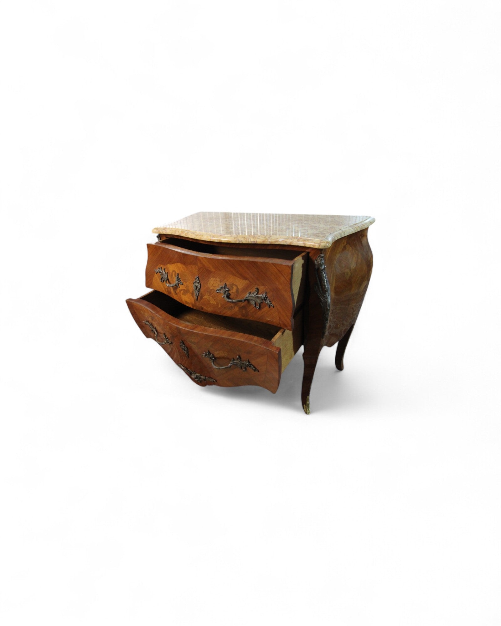French Louis XV Style Marble-Top Bombe Commode with Ormolu Mounts (c. 1900)