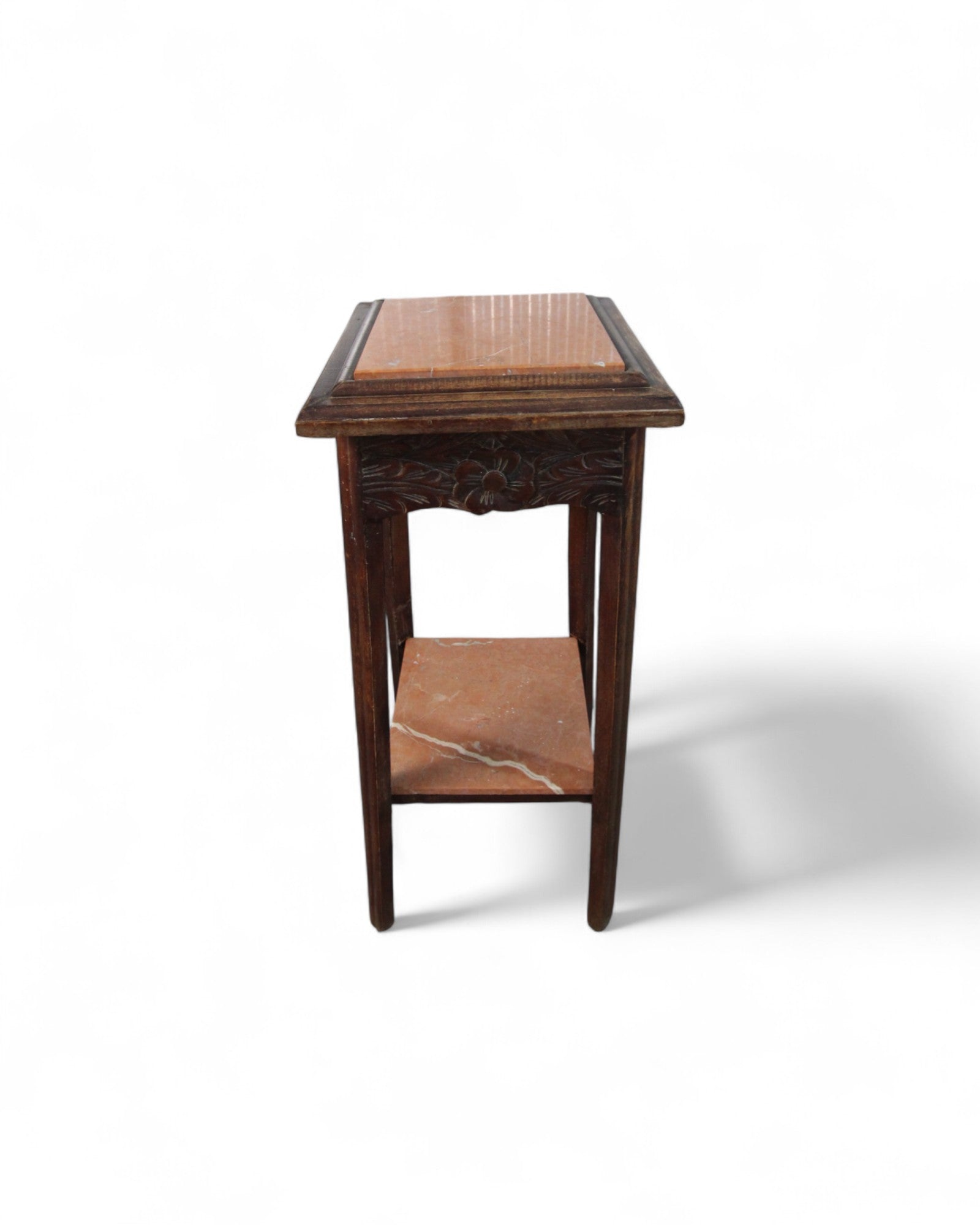 Pink Himalayan Marble Vintage Hand-Carved Wooden Side Table / Pedestal with Floral Apron Detail