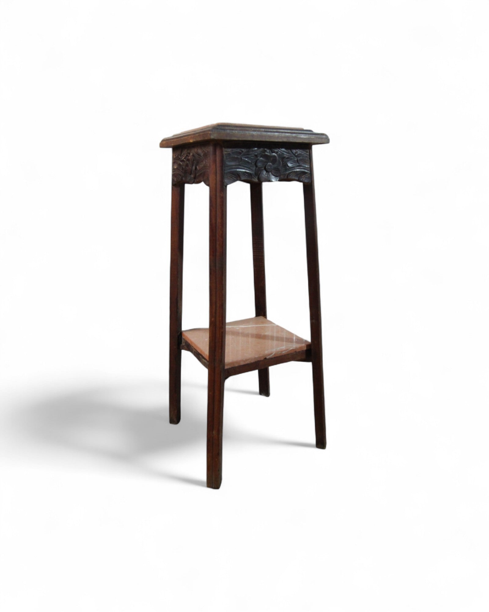 Pink Himalayan Marble Vintage Hand-Carved Wooden Side Table / Pedestal with Floral Apron Detail