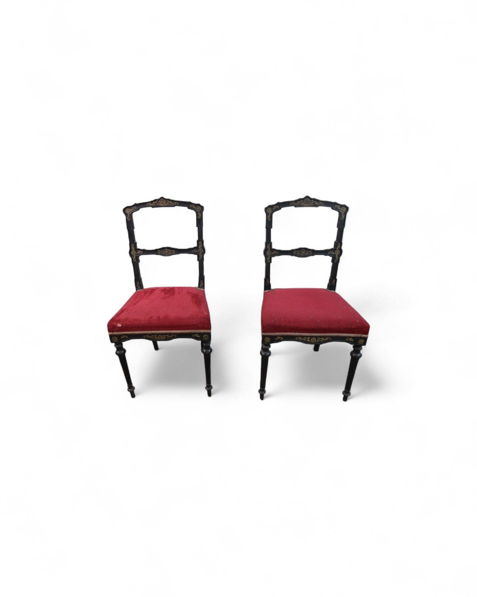 Italian Neoclassical Side Chairs with Red Velvet and Hand-Painted Detailing - Set of 2