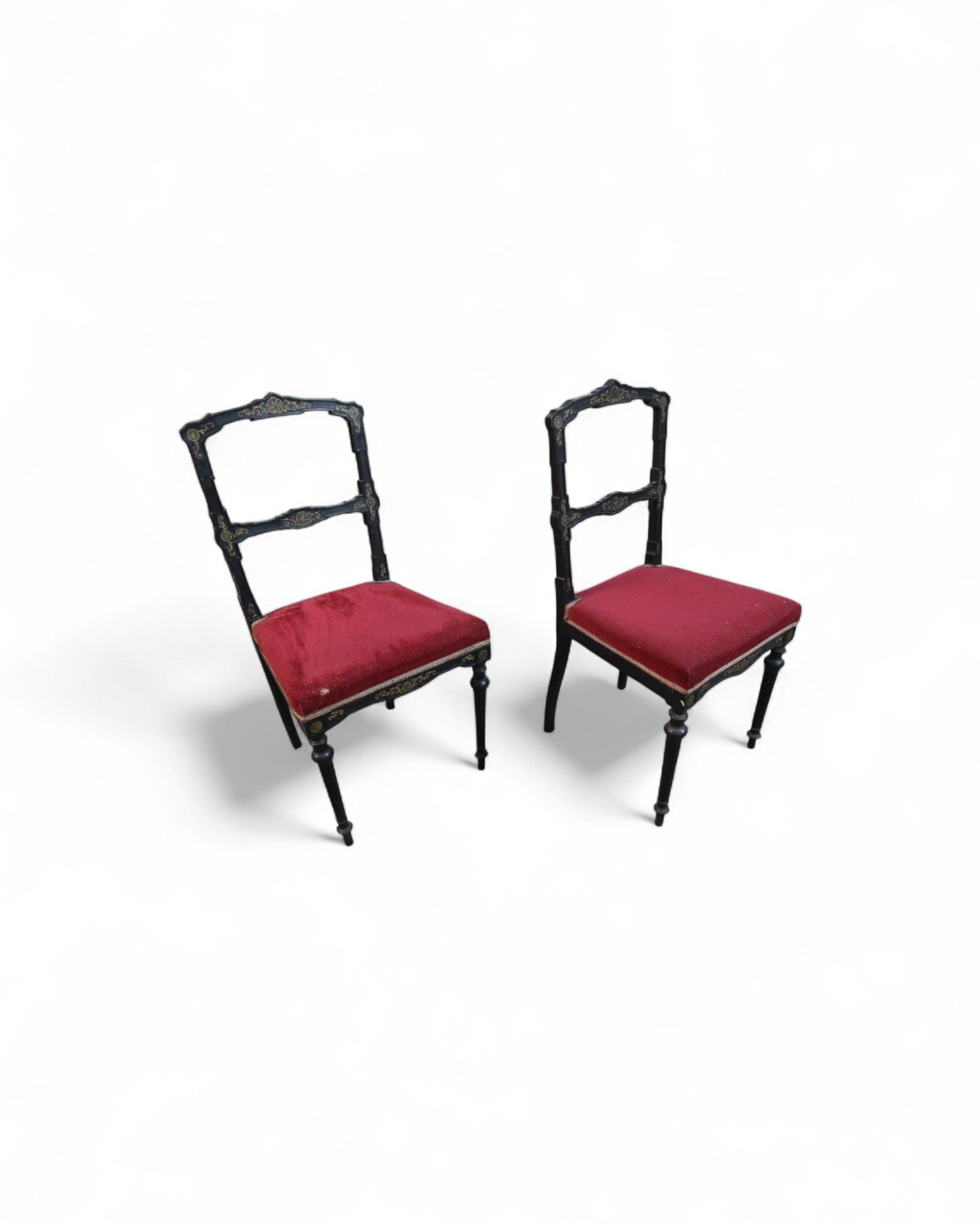 Italian Neoclassical Side Chairs with Red Velvet and Hand-Painted Detailing - Set of 2