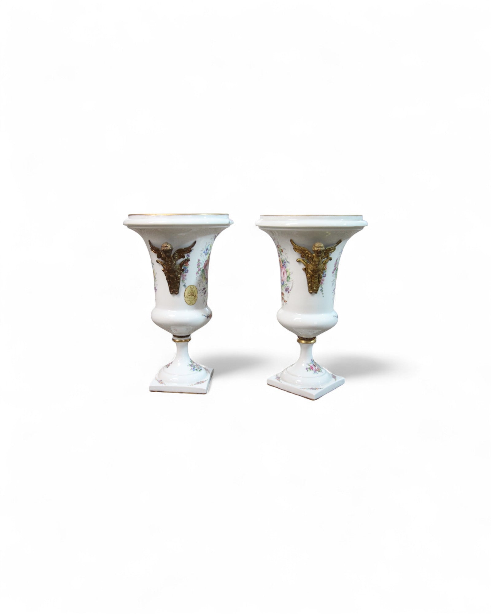 Hand-Painted Porcelain Urns with Gilt Bronze Handles - Set of 2