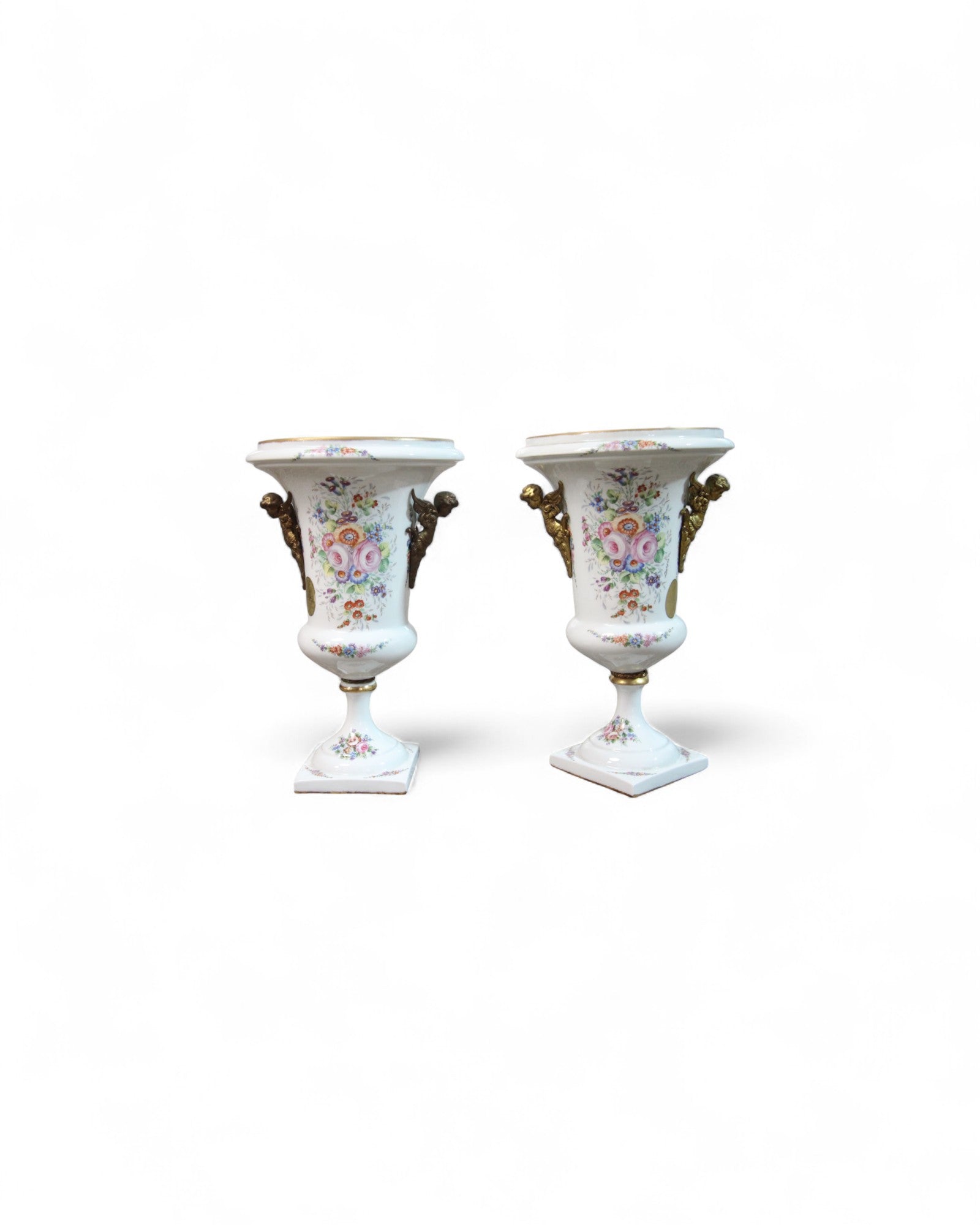 Hand-Painted Porcelain Urns with Gilt Bronze Handles - Set of 2