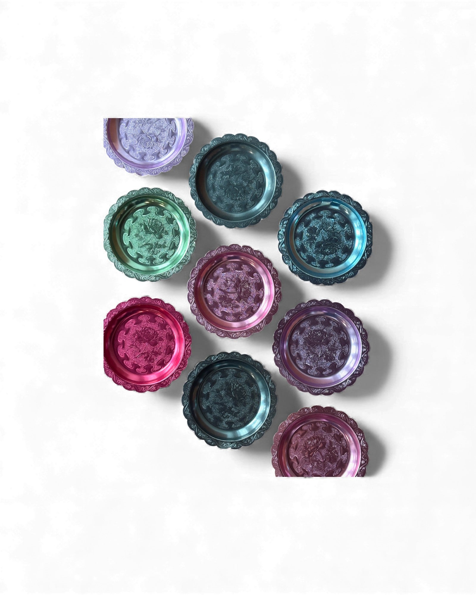 Colourful Embossed Thai-Patterned Rose Tray Collection 17 cm - Set of 9