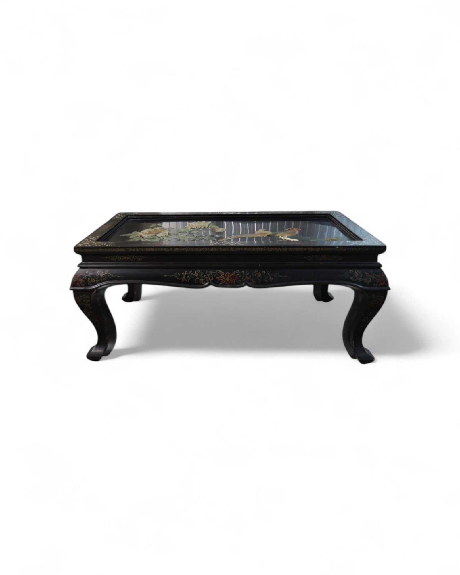Oriental Lacquered Coffee Table with Pheasant and Floral Hand-Painted Motif | 107 x 54 x 48cm