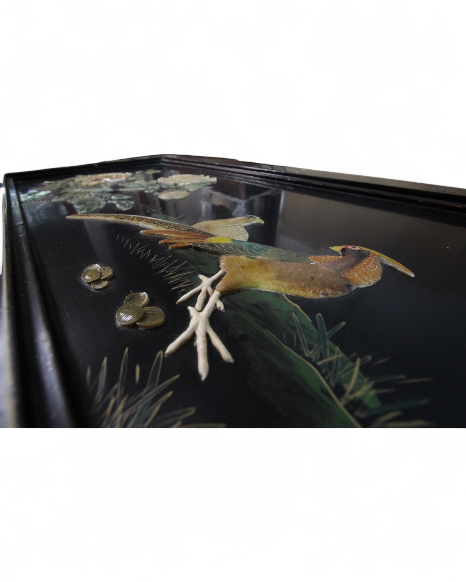 Oriental Lacquered Coffee Table with Pheasant and Floral Hand-Painted Motif | 107 x 54 x 48cm