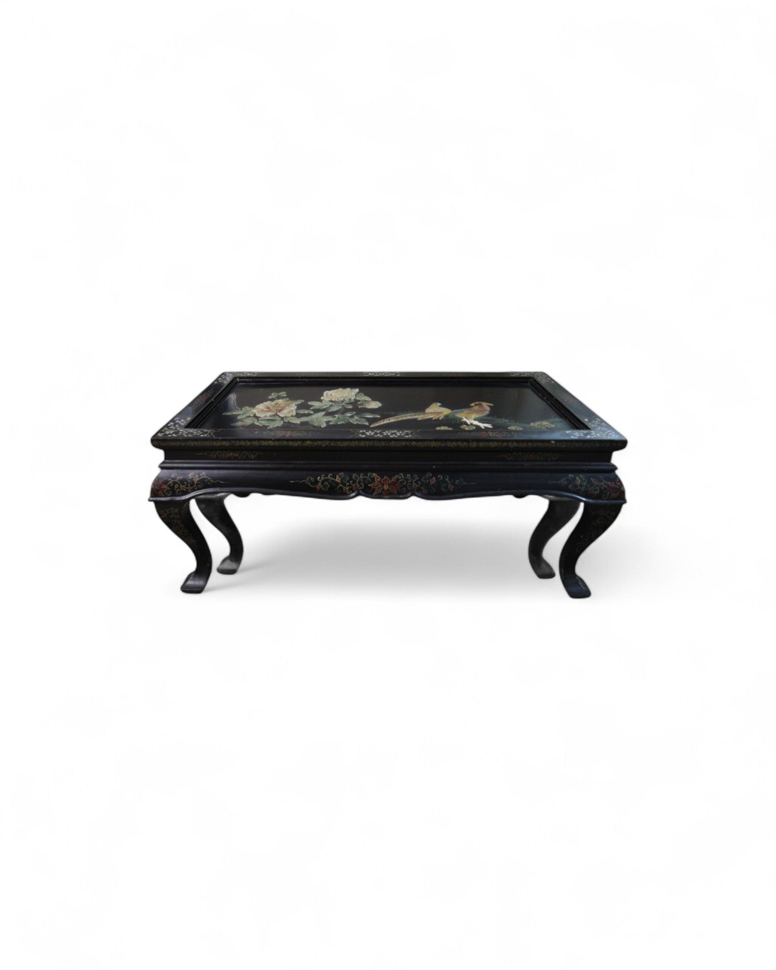 Oriental Lacquered Coffee Table with Pheasant and Floral Hand-Painted Motif | 107 x 54 x 48cm