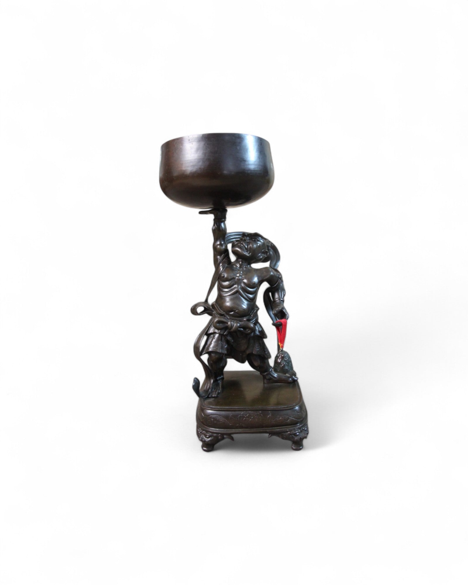 Japanese Bronze Figure of a Guardian Oni Holding Offering Bowl