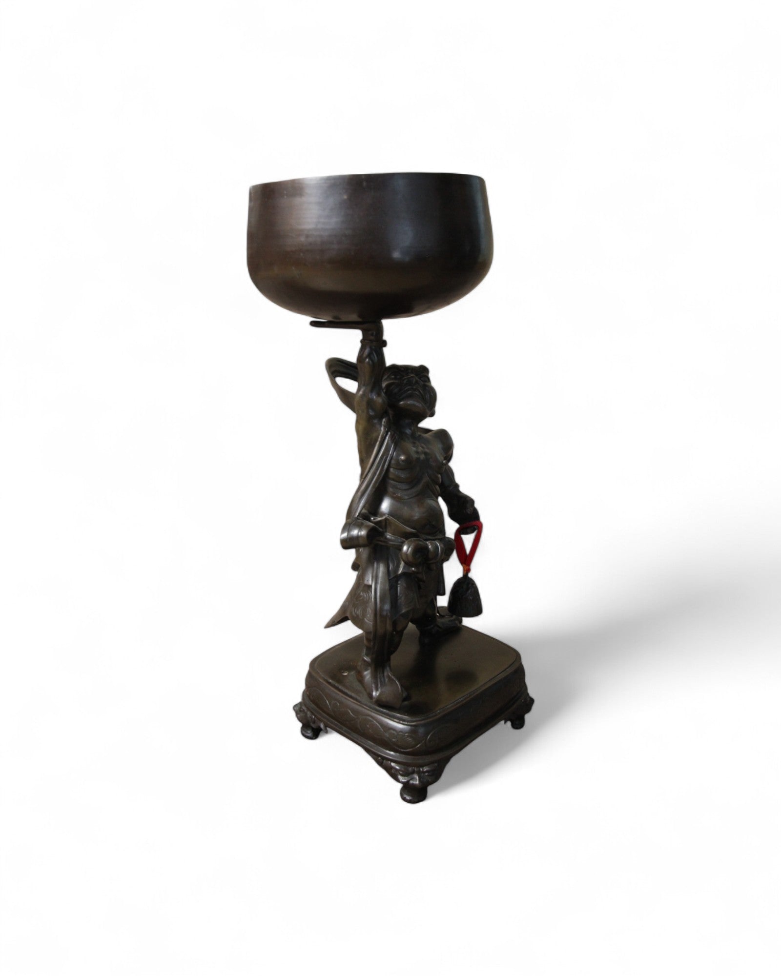 Japanese Bronze Figure of a Guardian Oni Holding Offering Bowl