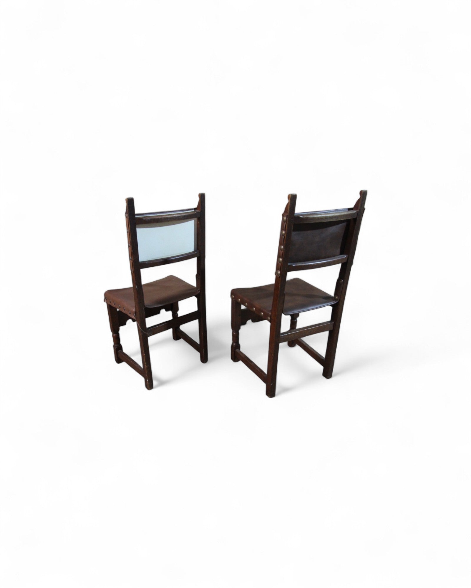 Vintage Spanish Colonial-Style Leather and Carved Wood Side Chairs- Set of 4