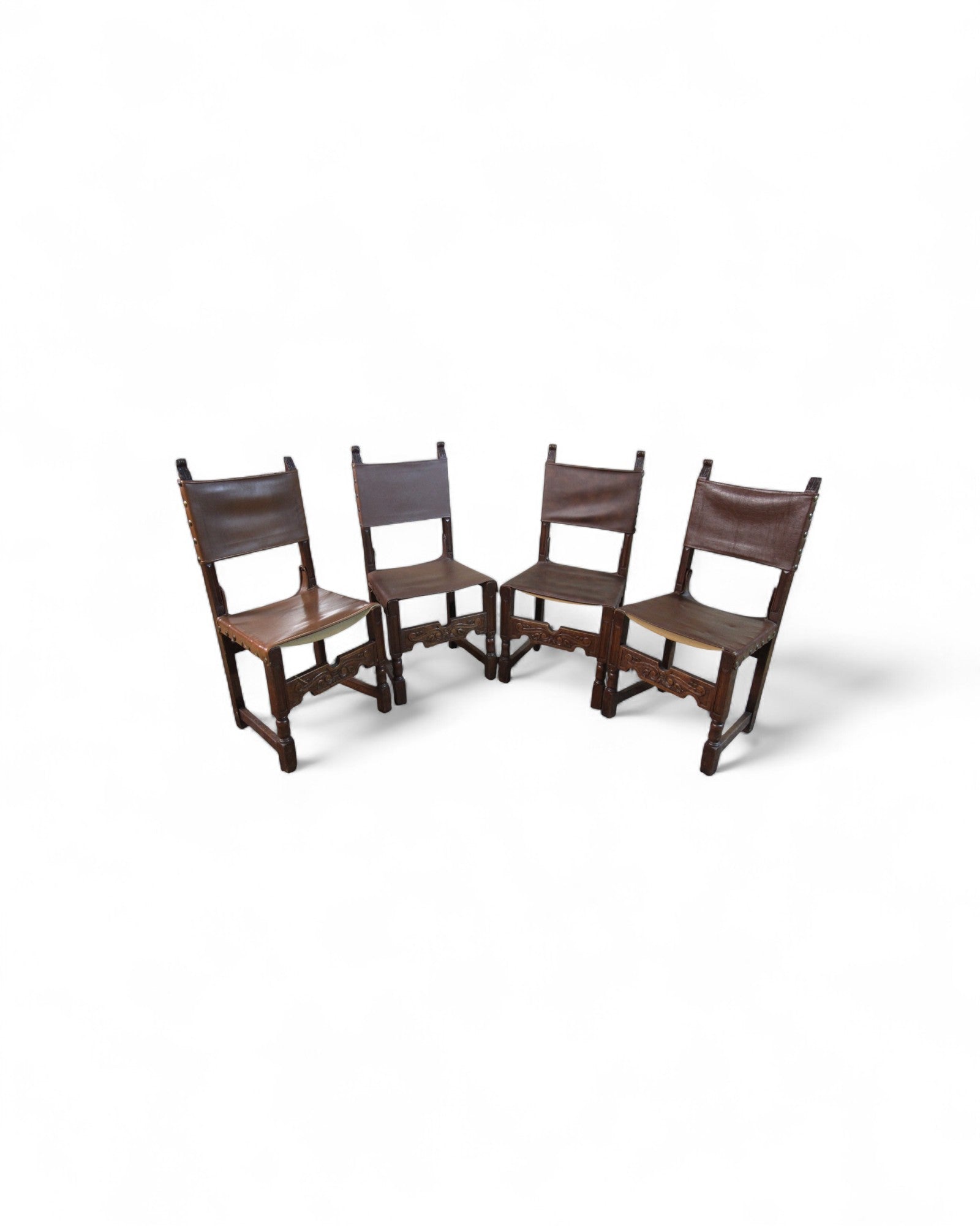 Vintage Spanish Colonial-Style Leather and Carved Wood Side Chairs- Set of 4
