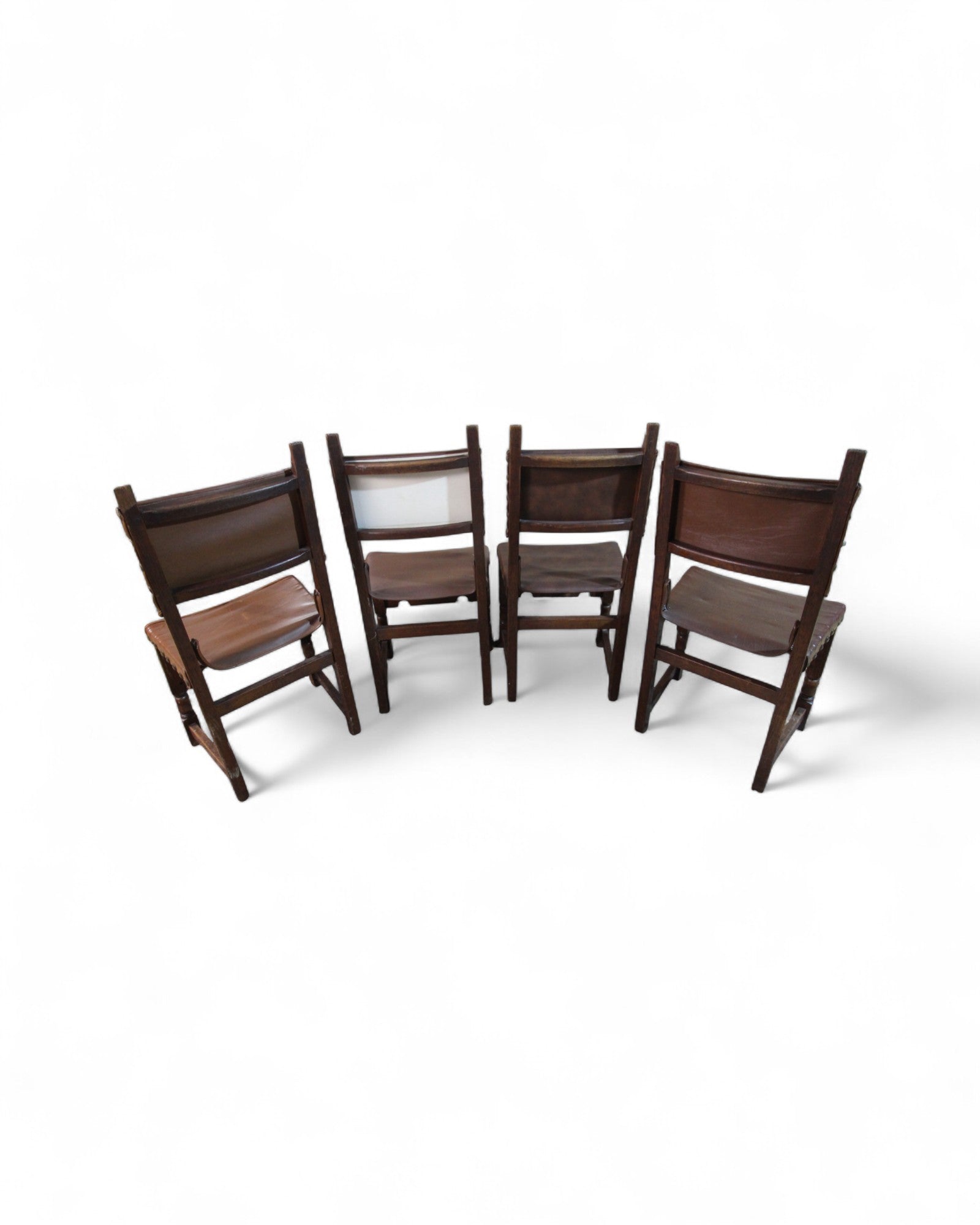Vintage Spanish Colonial-Style Leather and Carved Wood Side Chairs- Set of 4