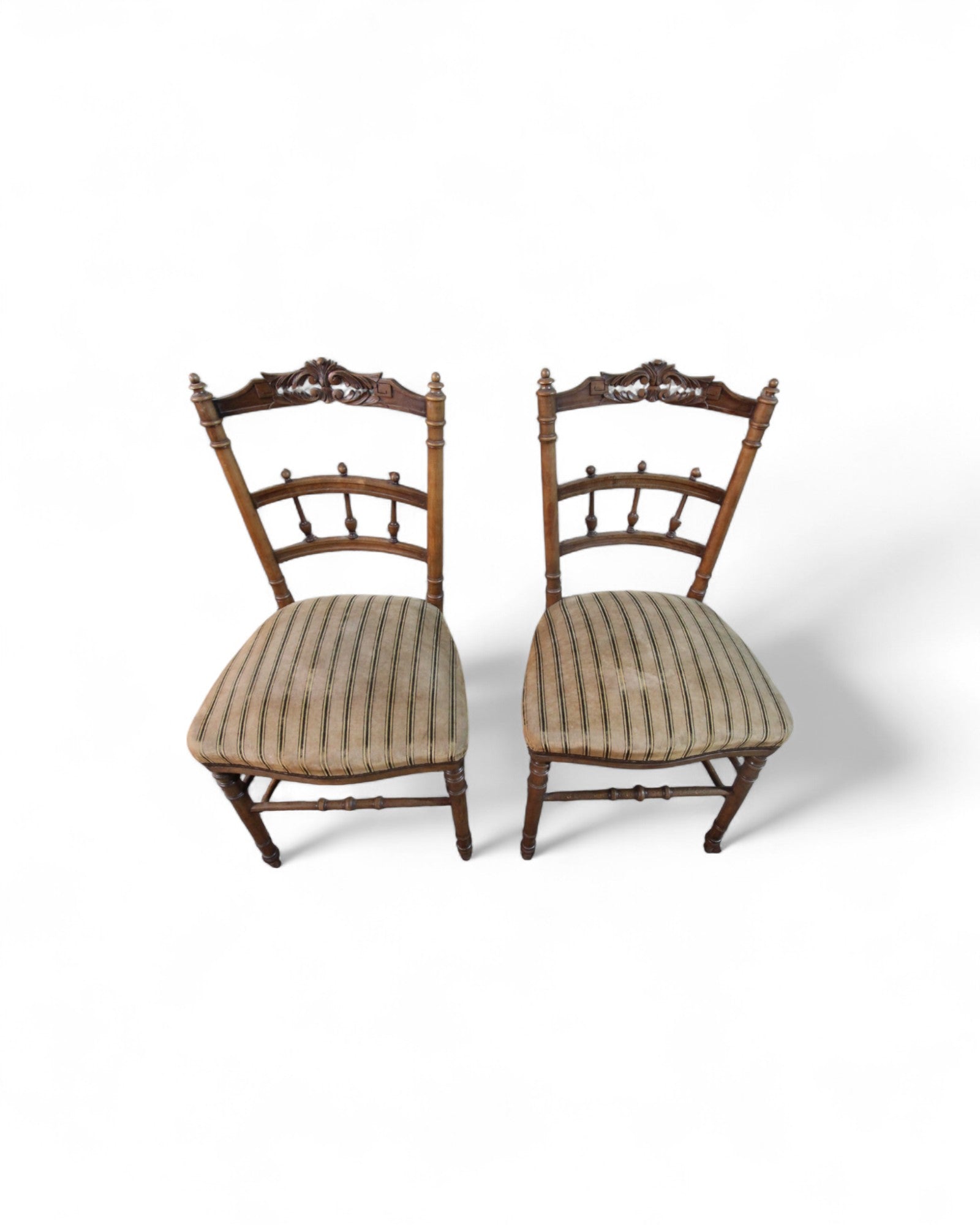 Victorian Carved Balloon-Back Chairs with Striped Upholstery - Set of 2