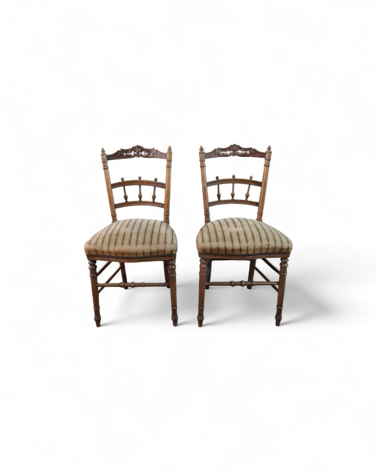 Victorian Carved Balloon-Back Chairs with Striped Upholstery - Set of 2