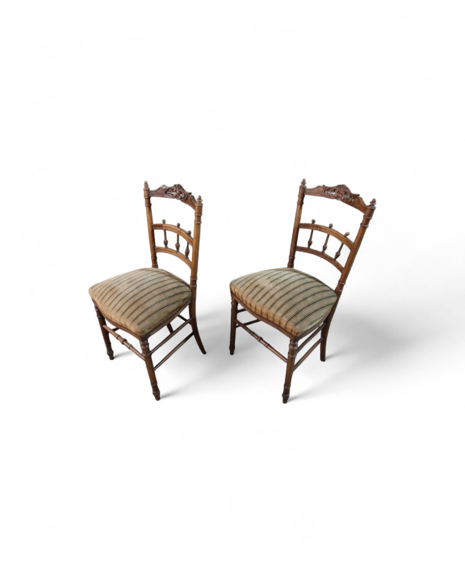 Victorian Carved Balloon-Back Chairs with Striped Upholstery - Set of 2