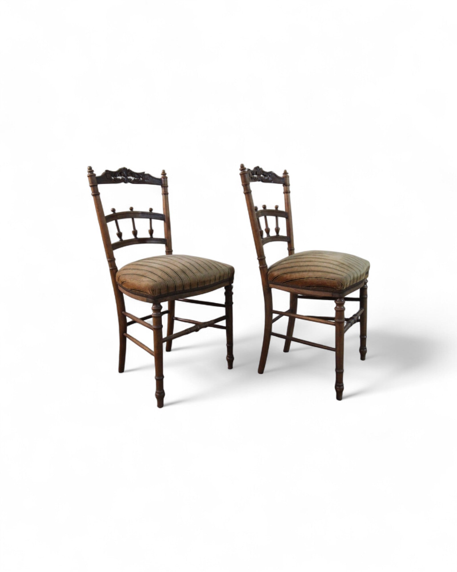 Victorian Carved Balloon-Back Chairs with Striped Upholstery - Set of 2