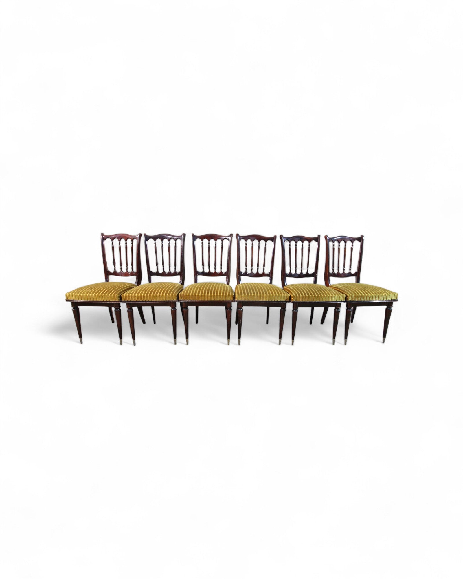 French Empire Revival Mahogany Dining Chairs with Carved Back and Striped Velvet Upholstery - Set of 6