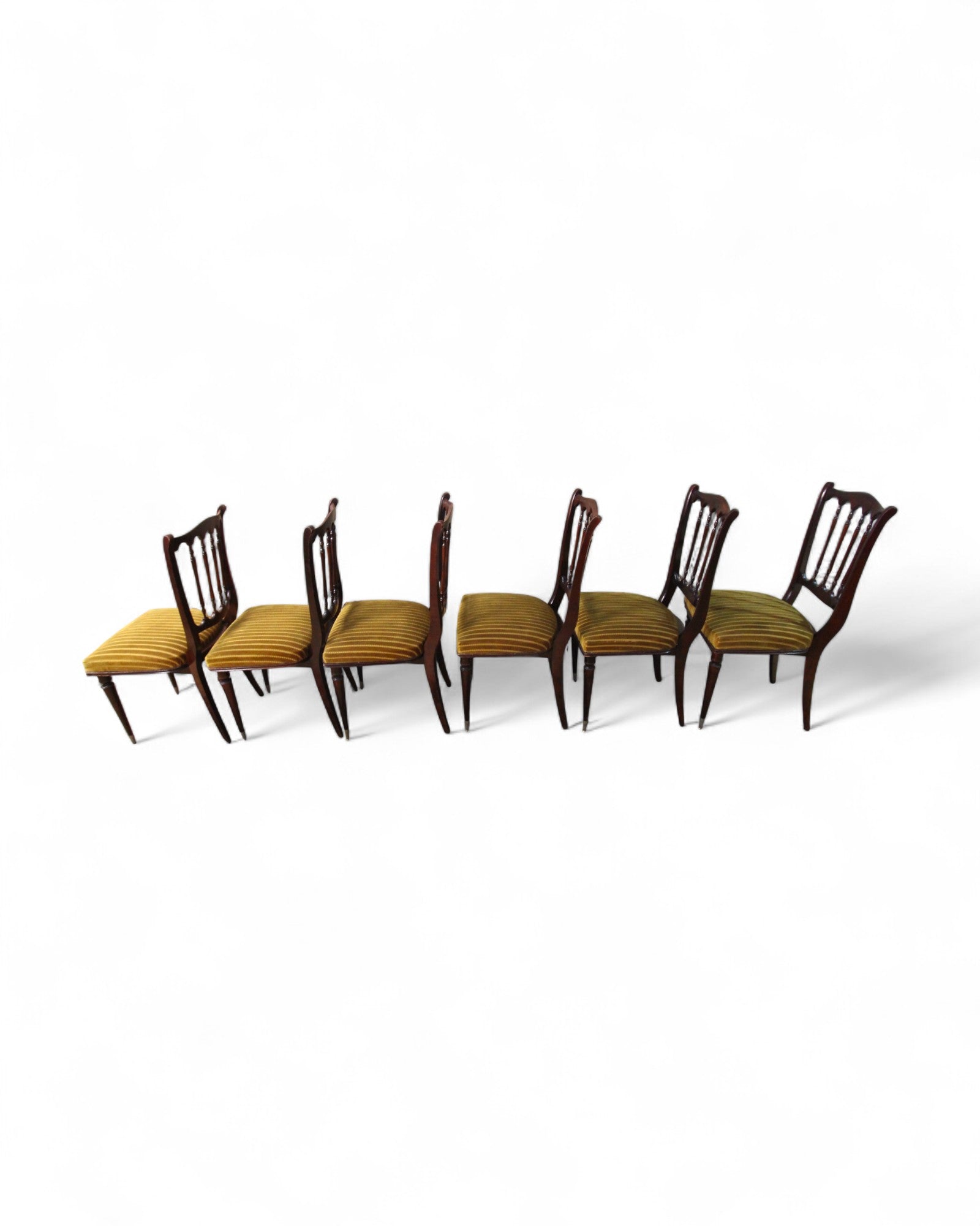 French Empire Revival Mahogany Dining Chairs with Carved Back and Striped Velvet Upholstery - Set of 6