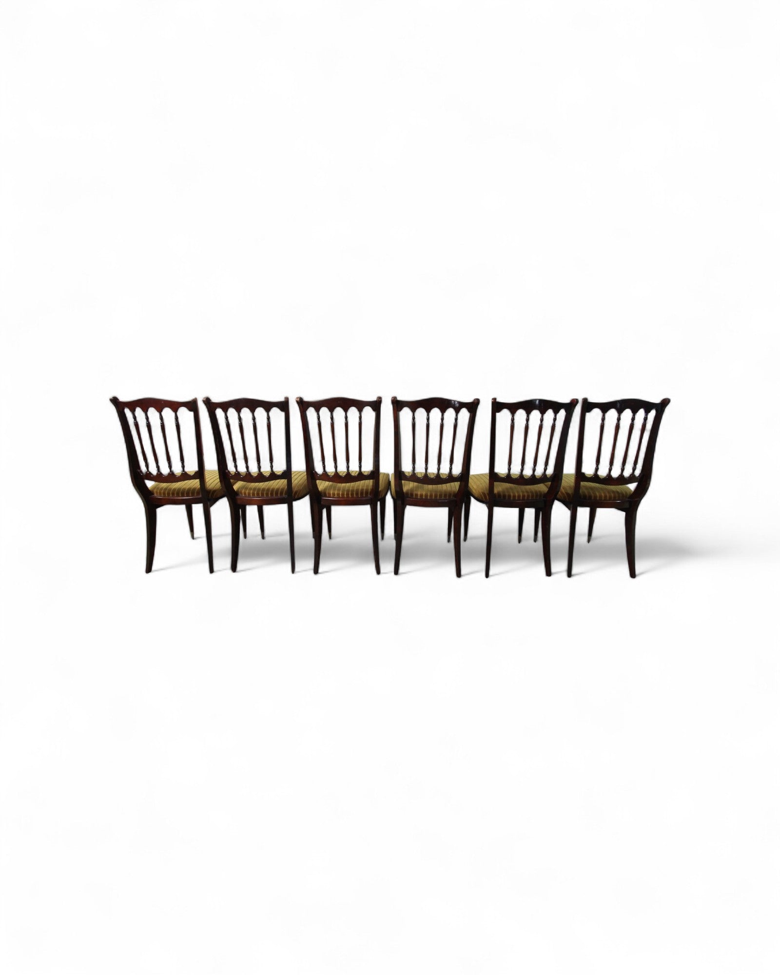 French Empire Revival Mahogany Dining Chairs with Carved Back and Striped Velvet Upholstery - Set of 6