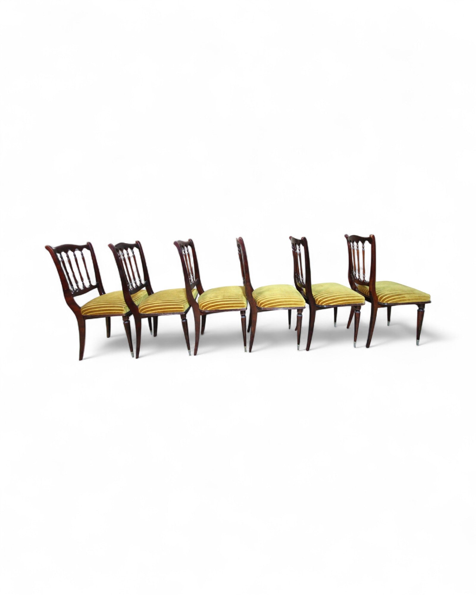 French Empire Revival Mahogany Dining Chairs with Carved Back and Striped Velvet Upholstery - Set of 6
