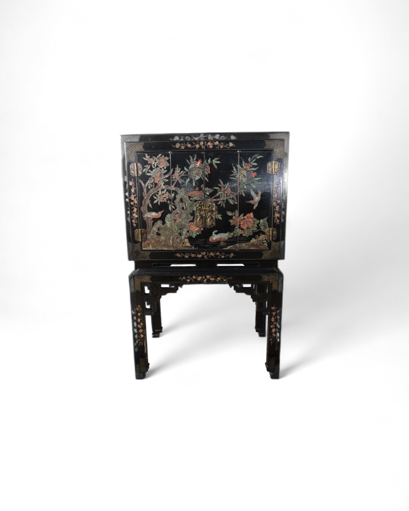 Chinese Black Lacquer Sliding TV Cabinet with Mother-of-Pearl Inlay