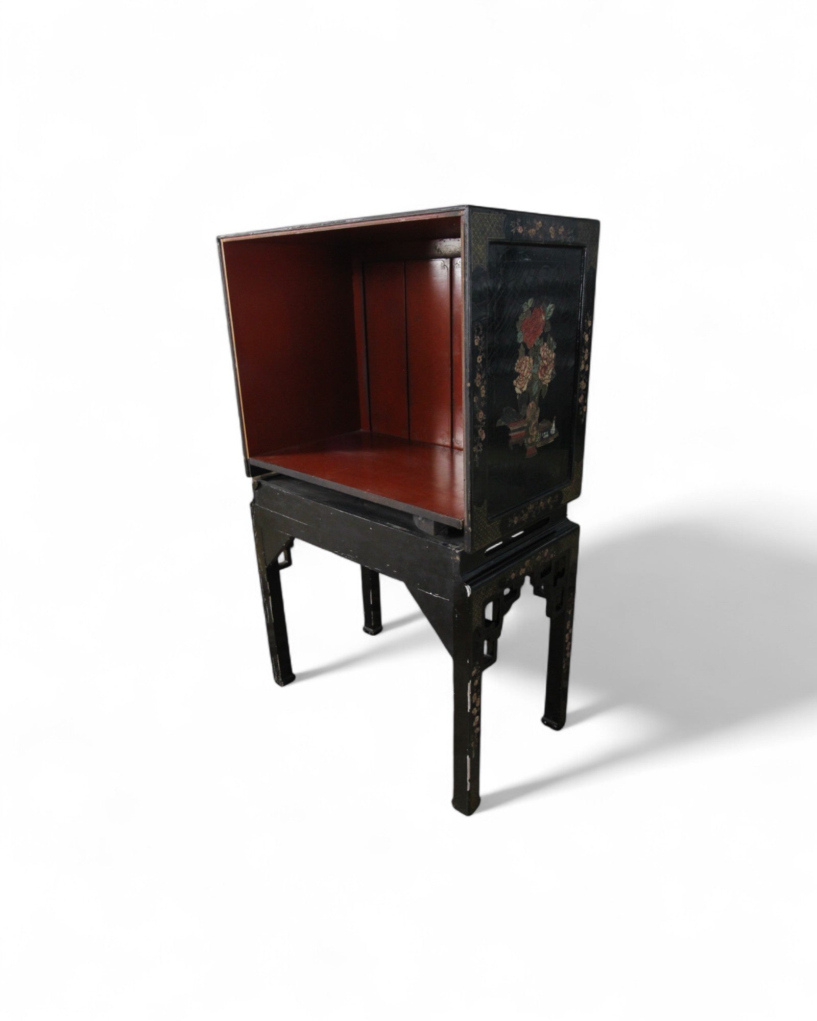 Chinese Black Lacquer Sliding TV Cabinet with Mother-of-Pearl Inlay