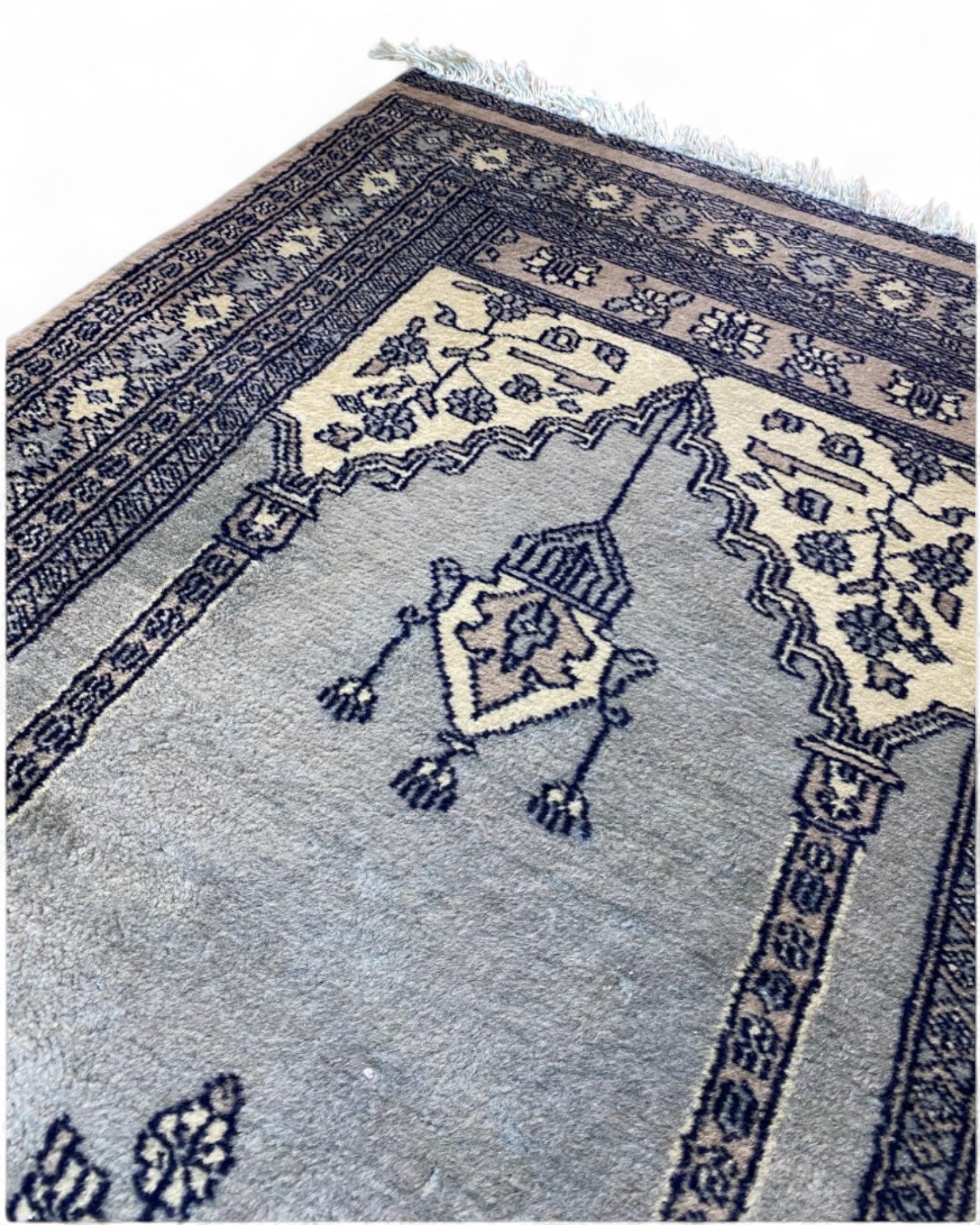 Vintage Turkish Prayer Rug in Grey and Indigo | 128 x 80cm