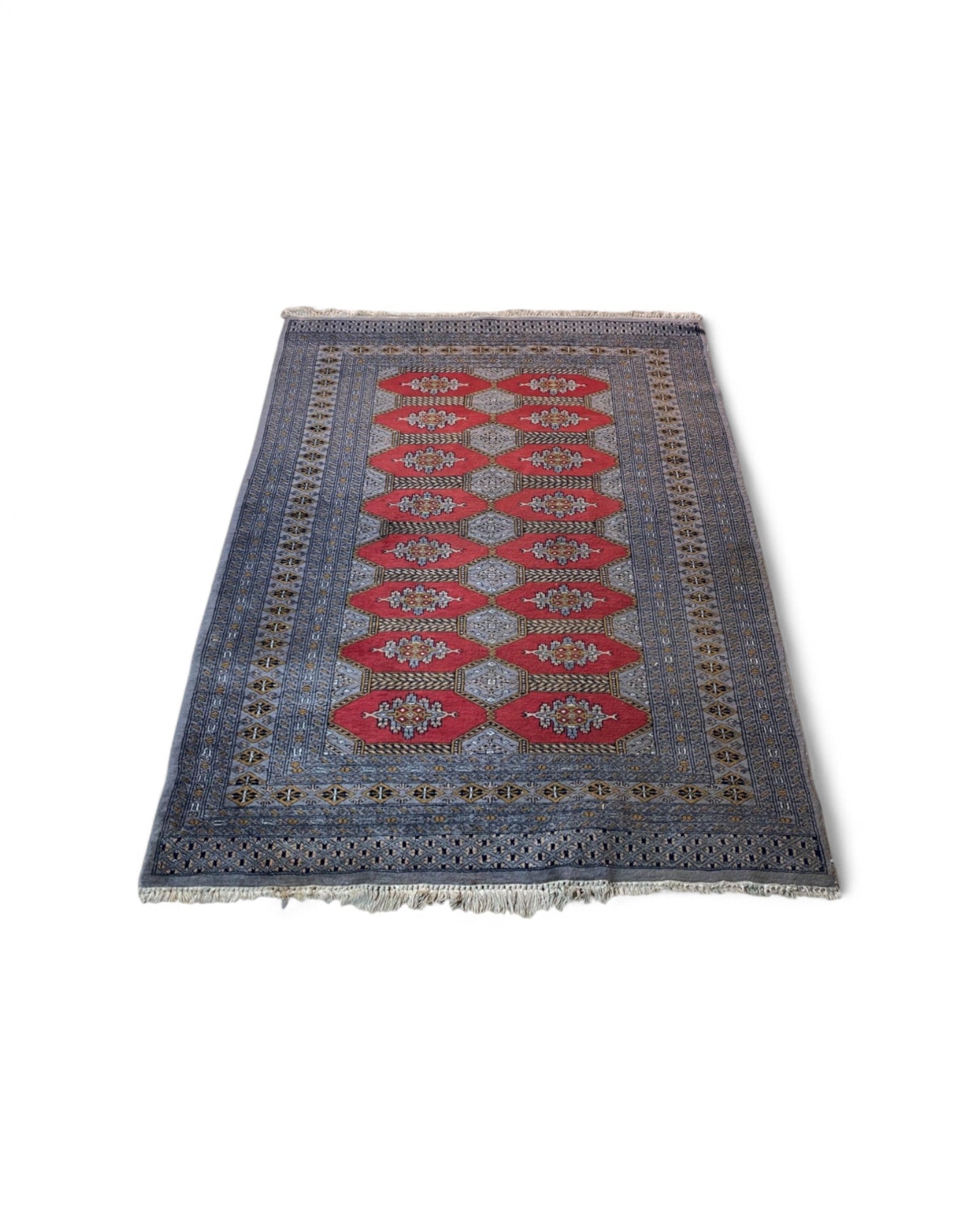 Vintage Bokhara-Style Rug in Red and Steel Blue | 180 x 132cm