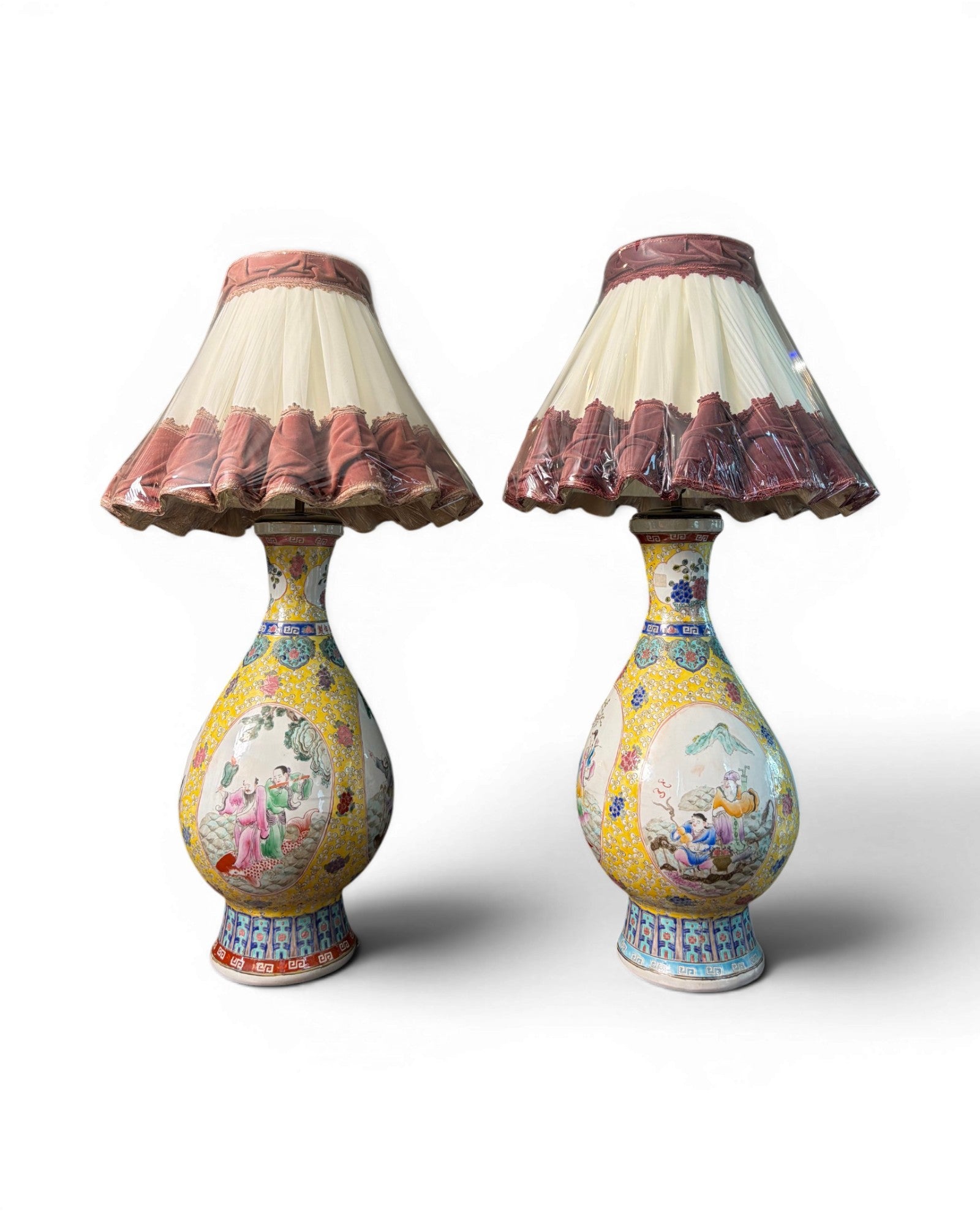 Porcelain Vase Table Lamp with Velvet Shades (Sold in Pairs) - Surround Living - 2