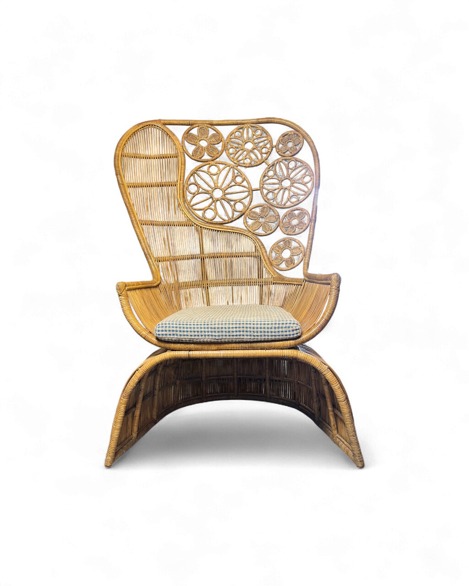 Rattan Vintage High Back Floral Weaved Lounge Chair with Check Weave Cushion Surround Living